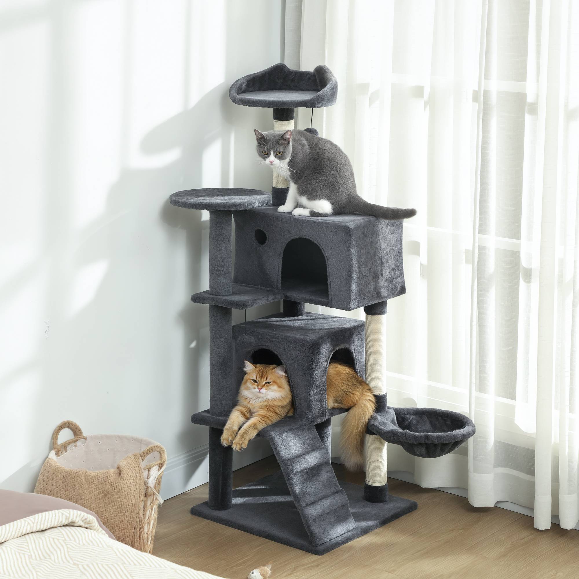 Arbre à chat de 140 cm de haut avec 2 niches, un couchage et un hamac pour 2 à 3 chats, revêtement peluche, gris - Image 4