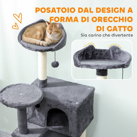 Arbre à chat de 140 cm de haut avec 2 niches, un couchage et un hamac pour 2 à 3 chats, revêtement peluche, gris - Image 7