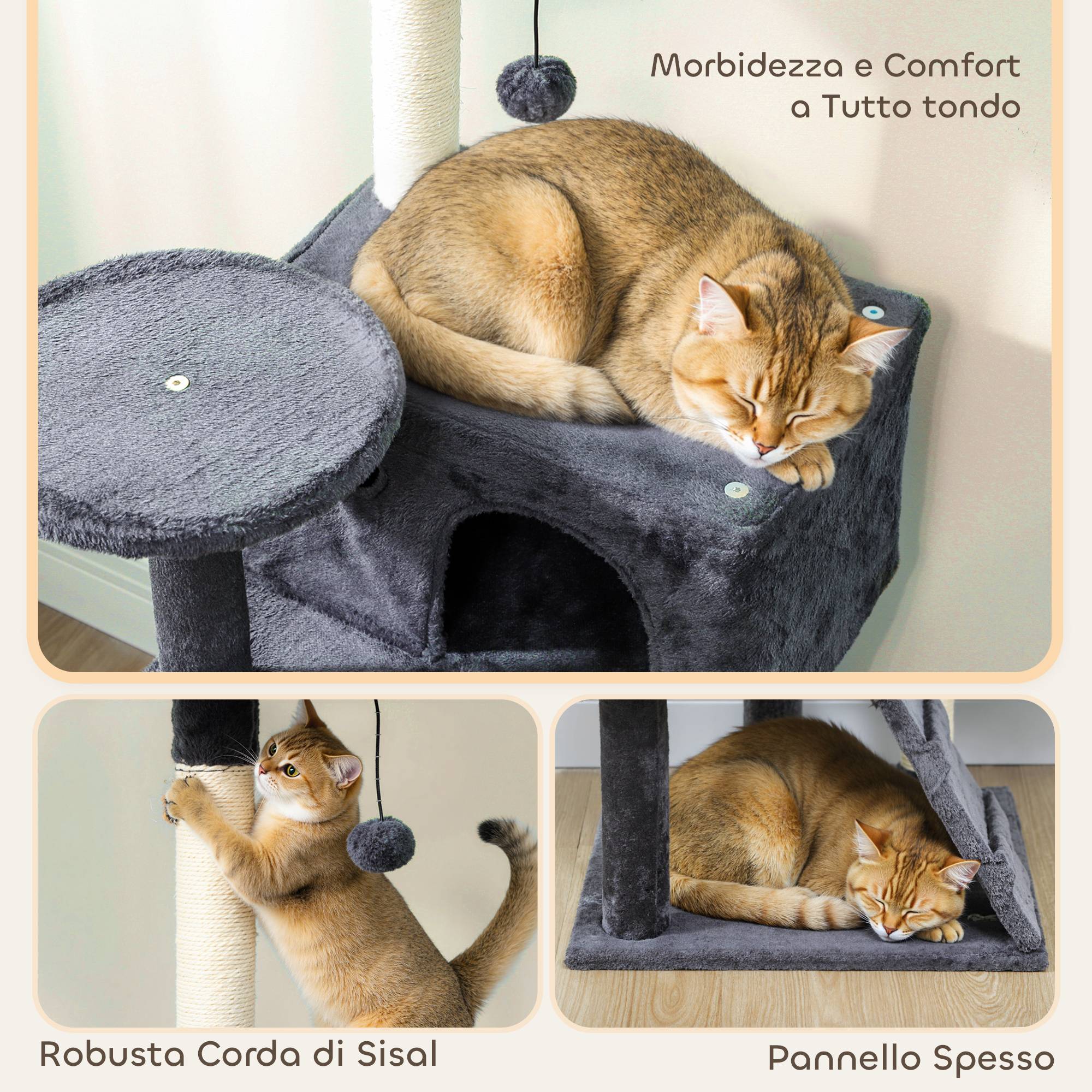 Arbre à chat de 140 cm de haut avec 2 niches, un couchage et un hamac pour 2 à 3 chats, revêtement peluche, gris - Image 9