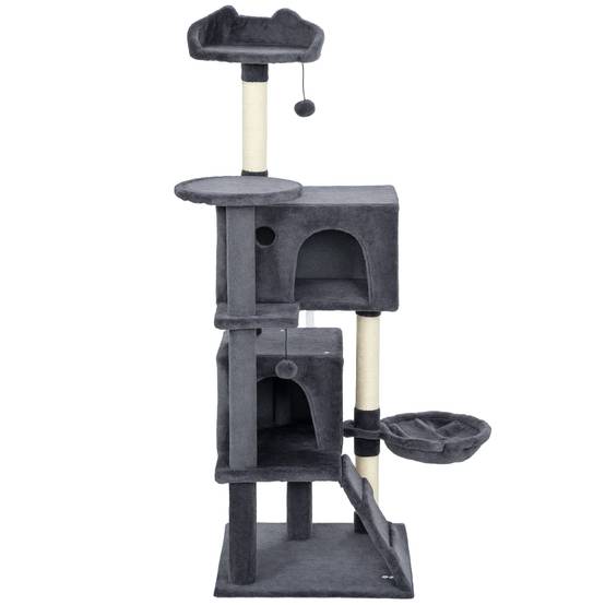 Arbre à chat de 140 cm de haut avec 2 niches, un couchage et un hamac pour 2 à 3 chats, revêtement peluche, gris - Image 2