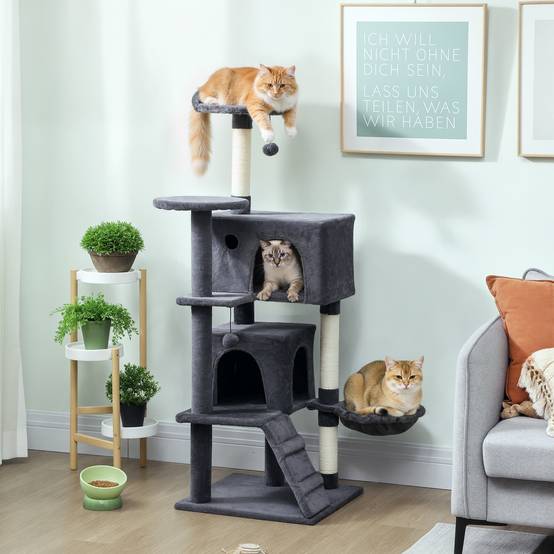 Arbre à chat de 140 cm de haut avec 2 niches, un couchage et un hamac pour 2 à 3 chats, revêtement peluche, gris - Image 3