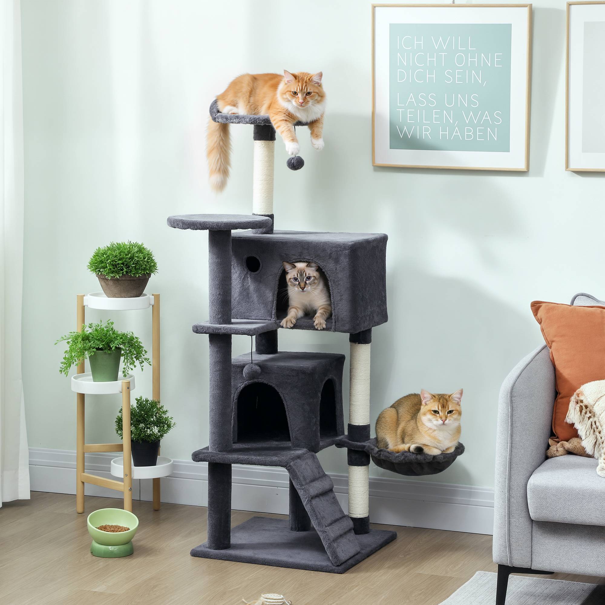 Arbre à chat de 140 cm de haut avec 2 niches, un couchage et un hamac pour 2 à 3 chats, revêtement peluche, gris - Image 3