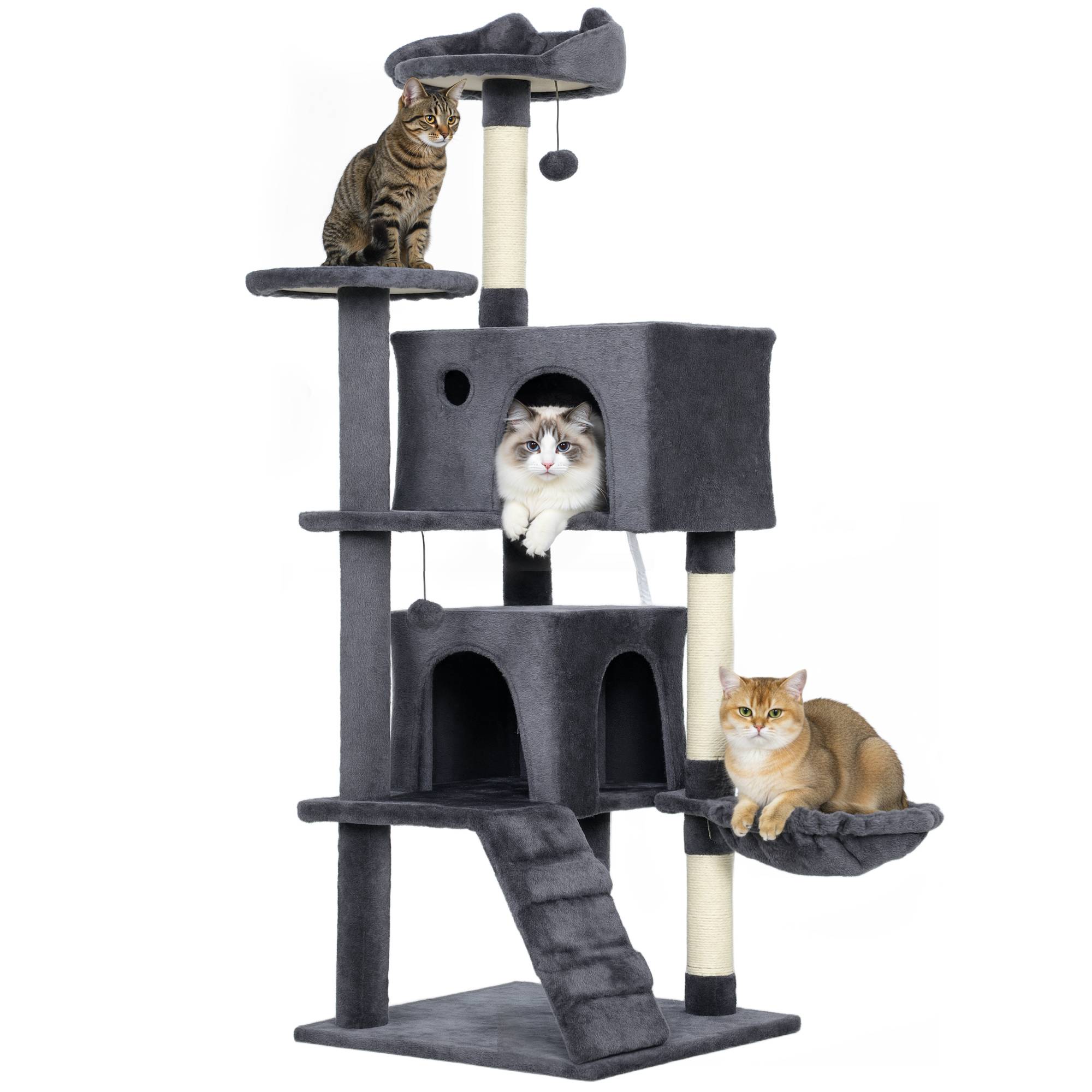 Arbre à chat de 140 cm de haut avec 2 niches, un couchage et un hamac pour 2 à 3 chats, revêtement peluche, gris