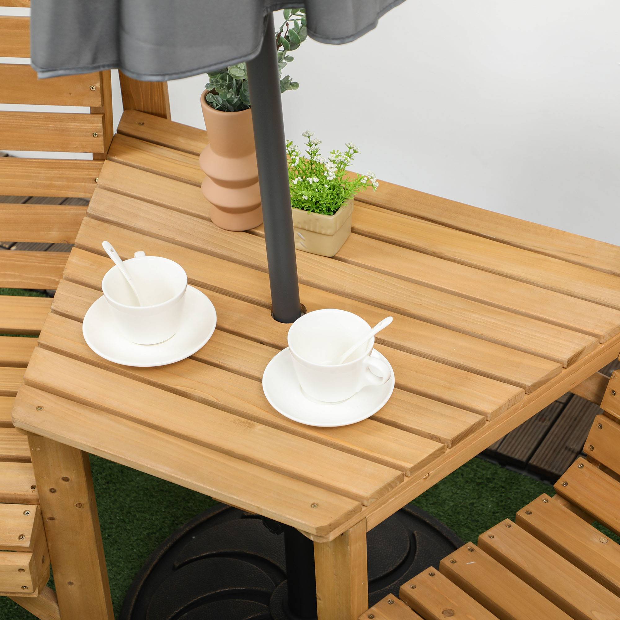 Ensemble bistro de jardin 3 pièces en bois résistant aux intempéries, design lamellaire avec trou pour parasol, Marron - Image 9