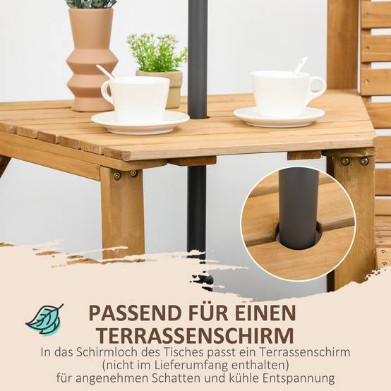 Ensemble bistro de jardin 3 pièces en bois résistant aux intempéries, design lamellaire avec trou pour parasol, Marron - Image 5