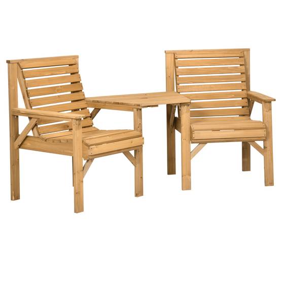 Ensemble bistro de jardin 3 pièces en bois résistant aux intempéries, design lamellaire avec trou pour parasol, Marron - Image 1