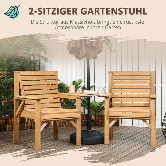 Ensemble bistro de jardin 3 pièces en bois résistant aux intempéries, design lamellaire avec trou pour parasol, Marron - Image 4