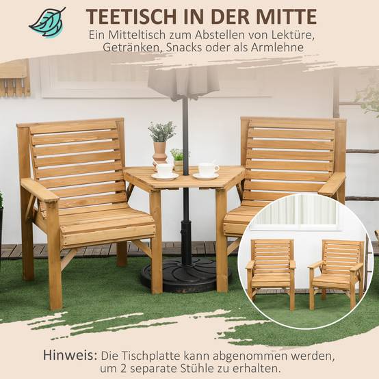 Ensemble bistro de jardin 3 pièces en bois résistant aux intempéries, design lamellaire avec trou pour parasol, Marron - Image 6