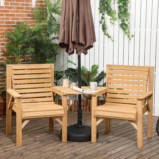 Ensemble bistro de jardin 3 pièces en bois résistant aux intempéries, design lamellaire avec trou pour parasol, Marron - Image 2