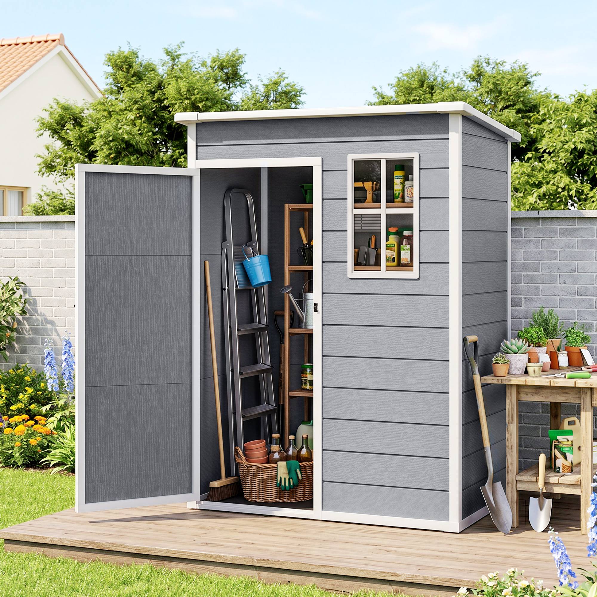 ComfortXL - Abri de jardin en résine PP et aluminium 151 x 92 x 193 cm gris rangement extérieur porte verrouillable - Image 3