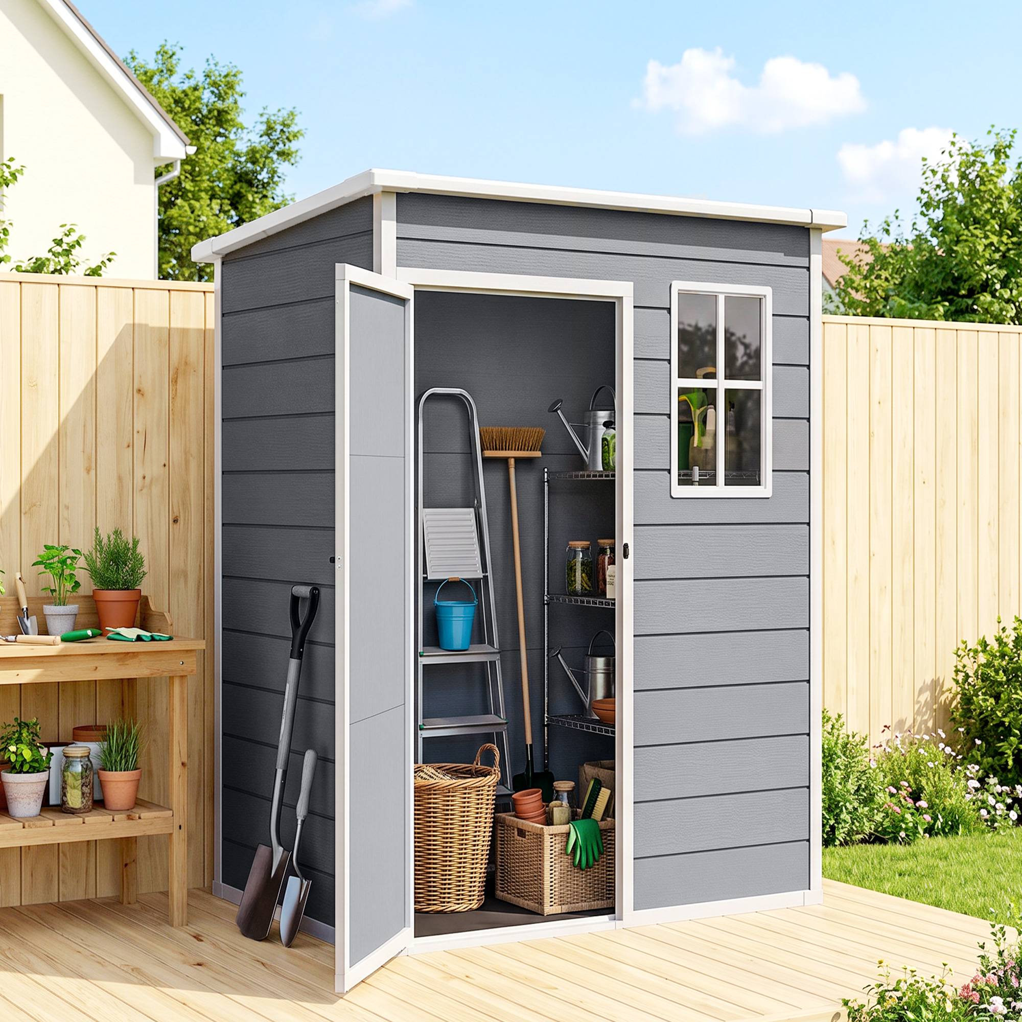 ComfortXL - Abri de jardin en résine PP et aluminium 151 x 92 x 193 cm gris rangement extérieur porte verrouillable - Image 4