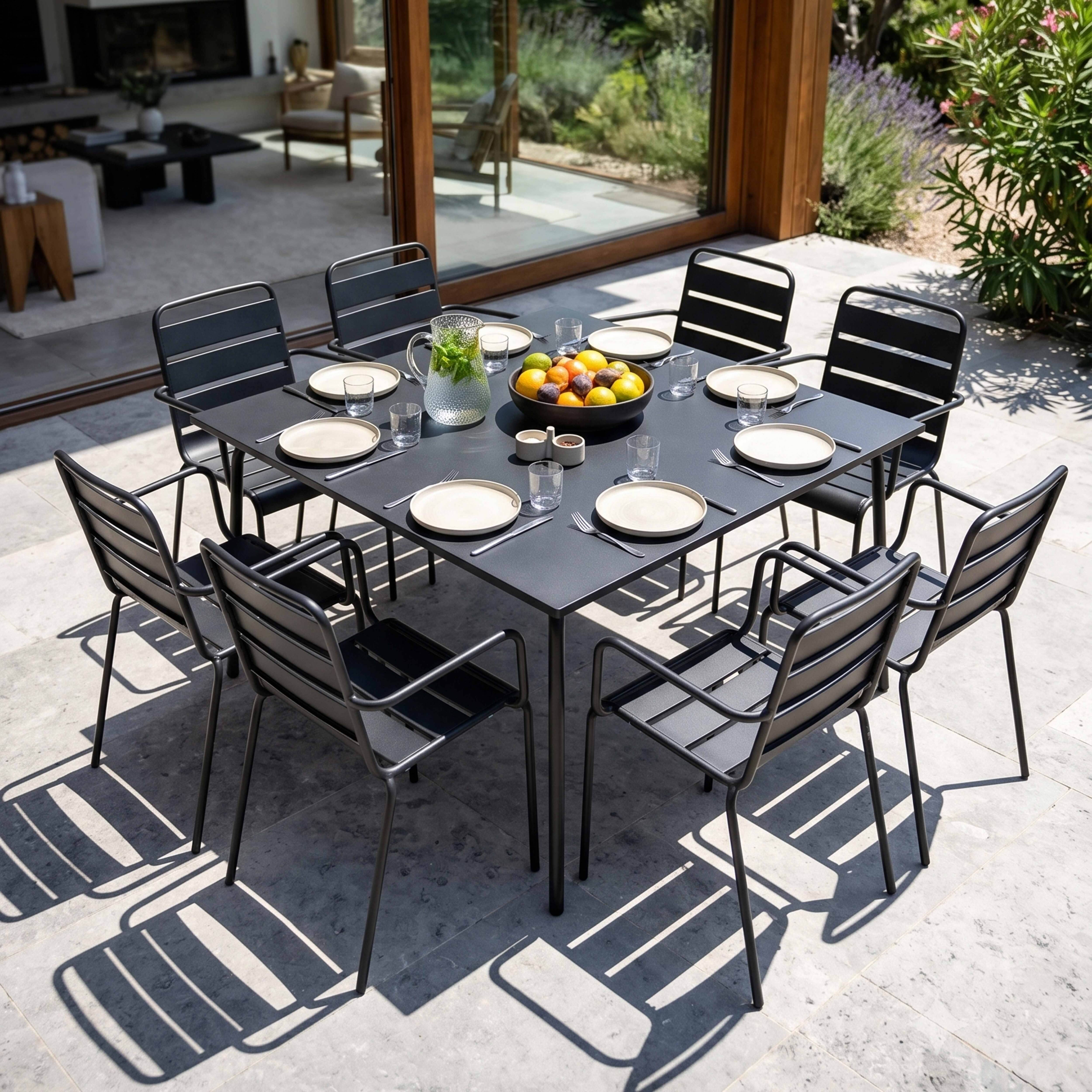 Oviala - Ensemble table de jardin carrée et 8 fauteuils en métal gris Palavas - Oviala - Imagen 2