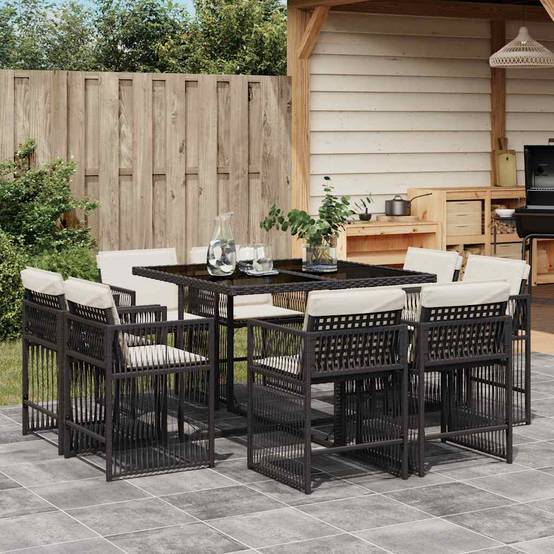 ComfortXL - Salon de Jardin Encastrable 8 Places Noir avec Coussins Crème Table Verre – ComfortXL Outdoor Living - Image 1