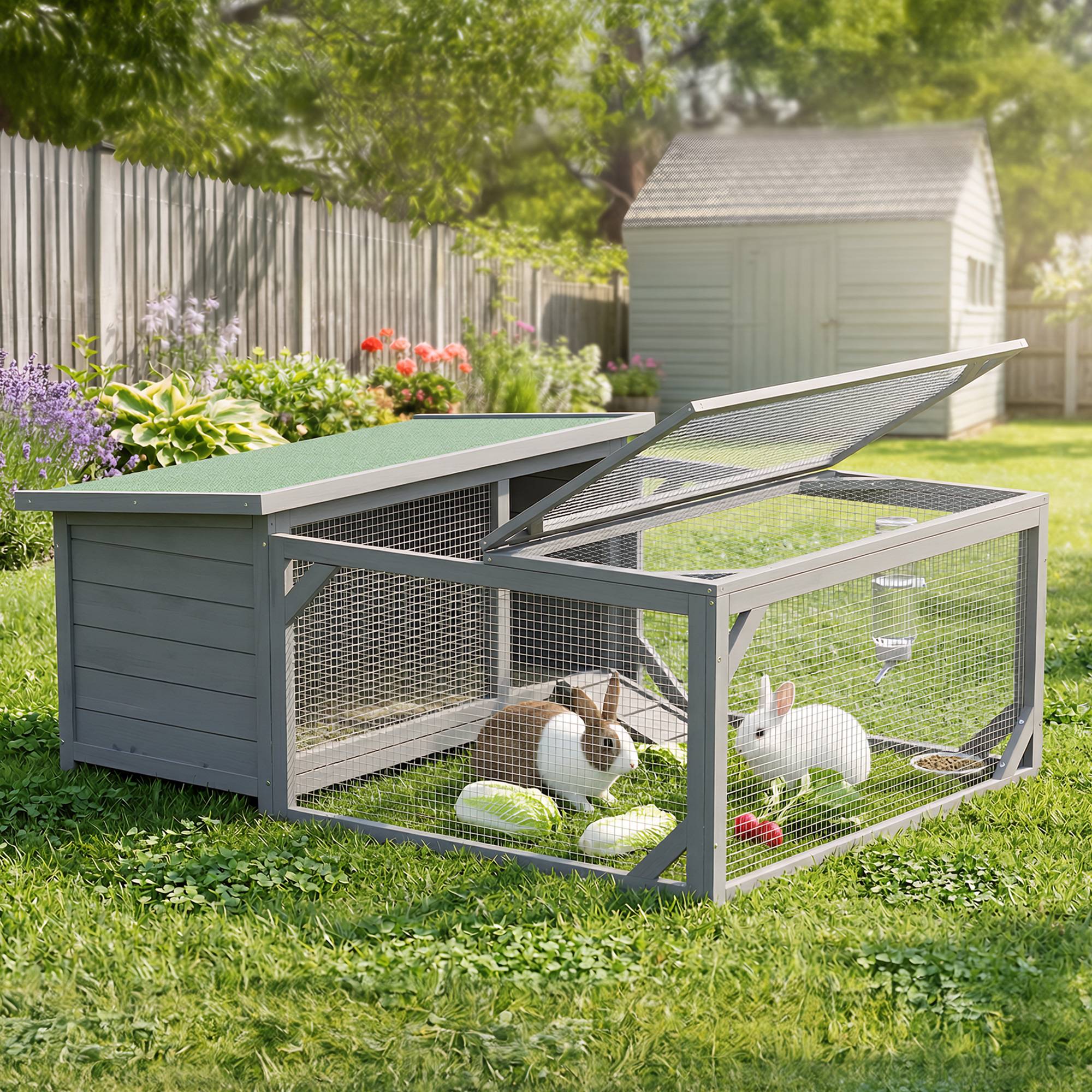 Cage lapins bois, toit ouvrant bitume, enclos, portes, 125,5 x 100 x 49 cm, gris - Image 9
