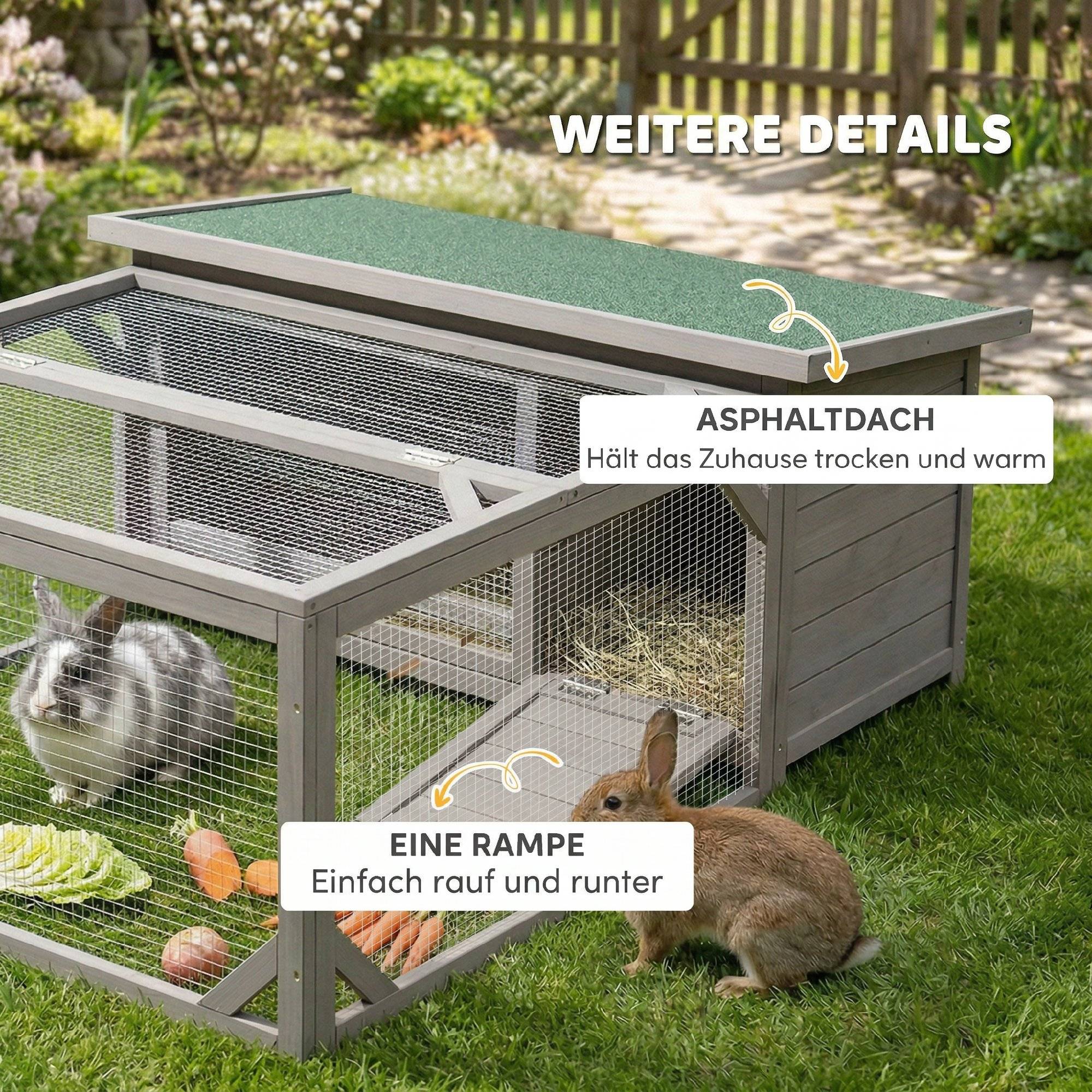 Cage lapins bois, toit ouvrant bitume, enclos, portes, 125,5 x 100 x 49 cm, gris - Image 8