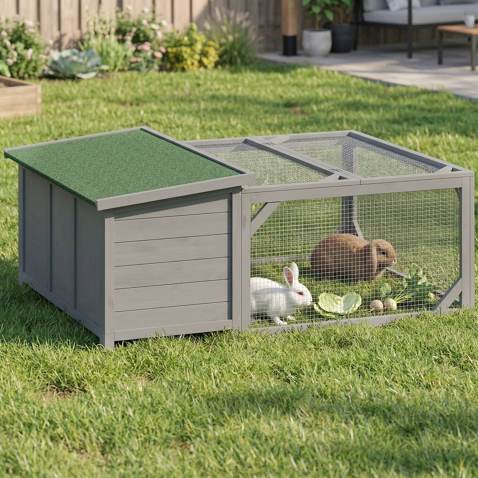 Cage lapins bois, toit ouvrant bitume, enclos, portes, 125,5 x 100 x 49 cm, gris - Image 3