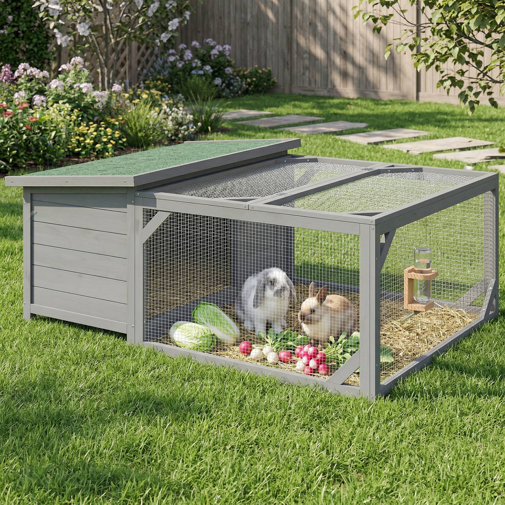 Cage lapins bois, toit ouvrant bitume, enclos, portes, 125,5 x 100 x 49 cm, gris - Image 4