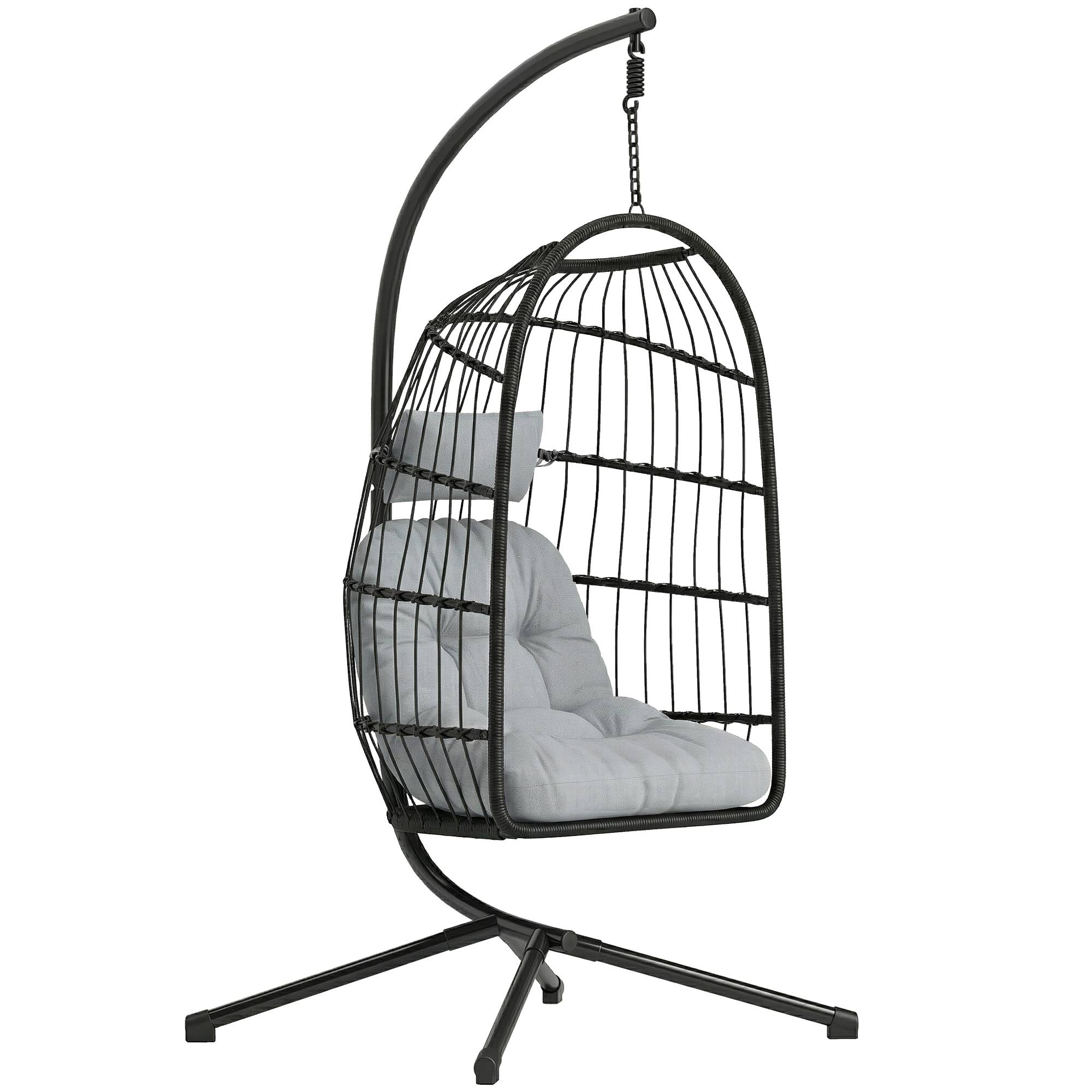 Fauteuil Œuf Suspendu Pliable avec Support Coussin 15cm et Appui-tête Gain de Place Résine Tressée 101x105x196cm Gris