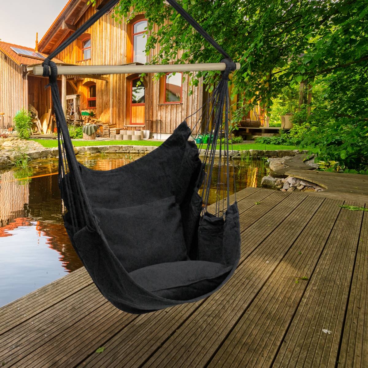 Ecd-Germany - Hamac siège chaise fauteuil suspendu jardin camping anthracite avec 2 oreillers - Imagen 6
