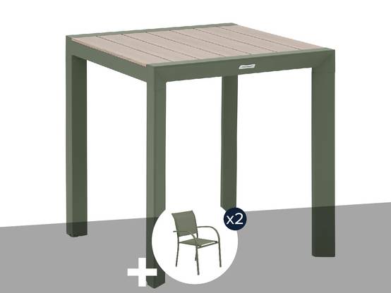 Hesperide - Table de jardin carrée alu Evasion 2 places effet bois Lin et laurier + 2 fauteuils Piazza - Hespéride - Image 1
