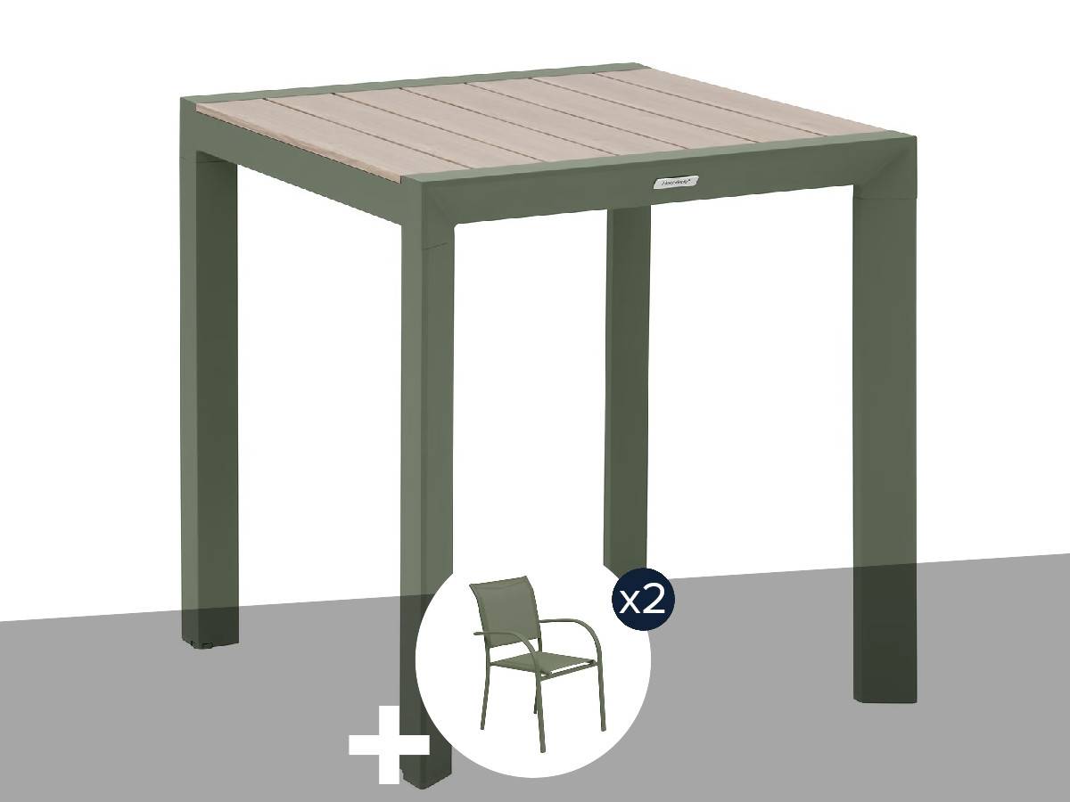 Hesperide - Table de jardin carrée alu Evasion 2 places effet bois Lin et laurier + 2 fauteuils Piazza - Hespéride - Image 1