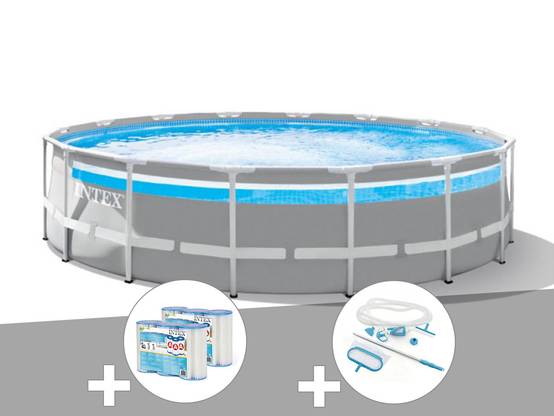 Kit piscine tubulaire Intex Prism Frame Clear Window ronde 4,88 x 1,22 m + Kit d'entretien + 6 cartouches de filtration - Image 1