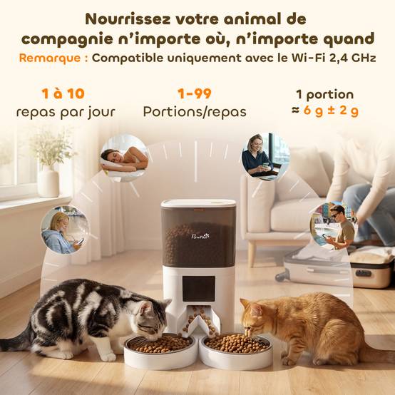 Distributeur Croquettes Chat Automatique 2 Animaux 6L Double Bol Inox WiFi Tuya App ABS 37x36x35cm Blanc - Image 6