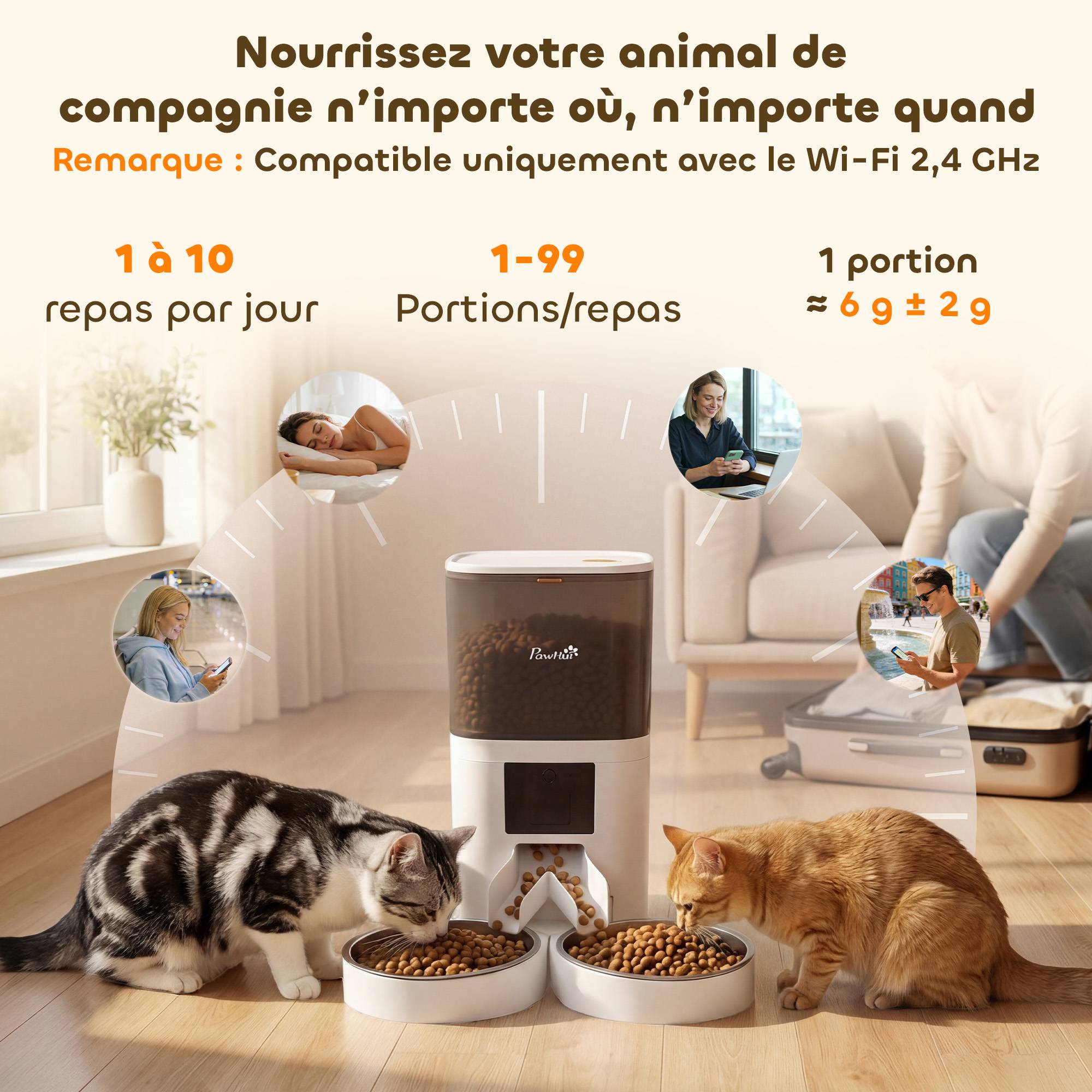 Distributeur Croquettes Chat Automatique 2 Animaux 6L Double Bol Inox WiFi Tuya App ABS 37x36x35cm Blanc - Image 6