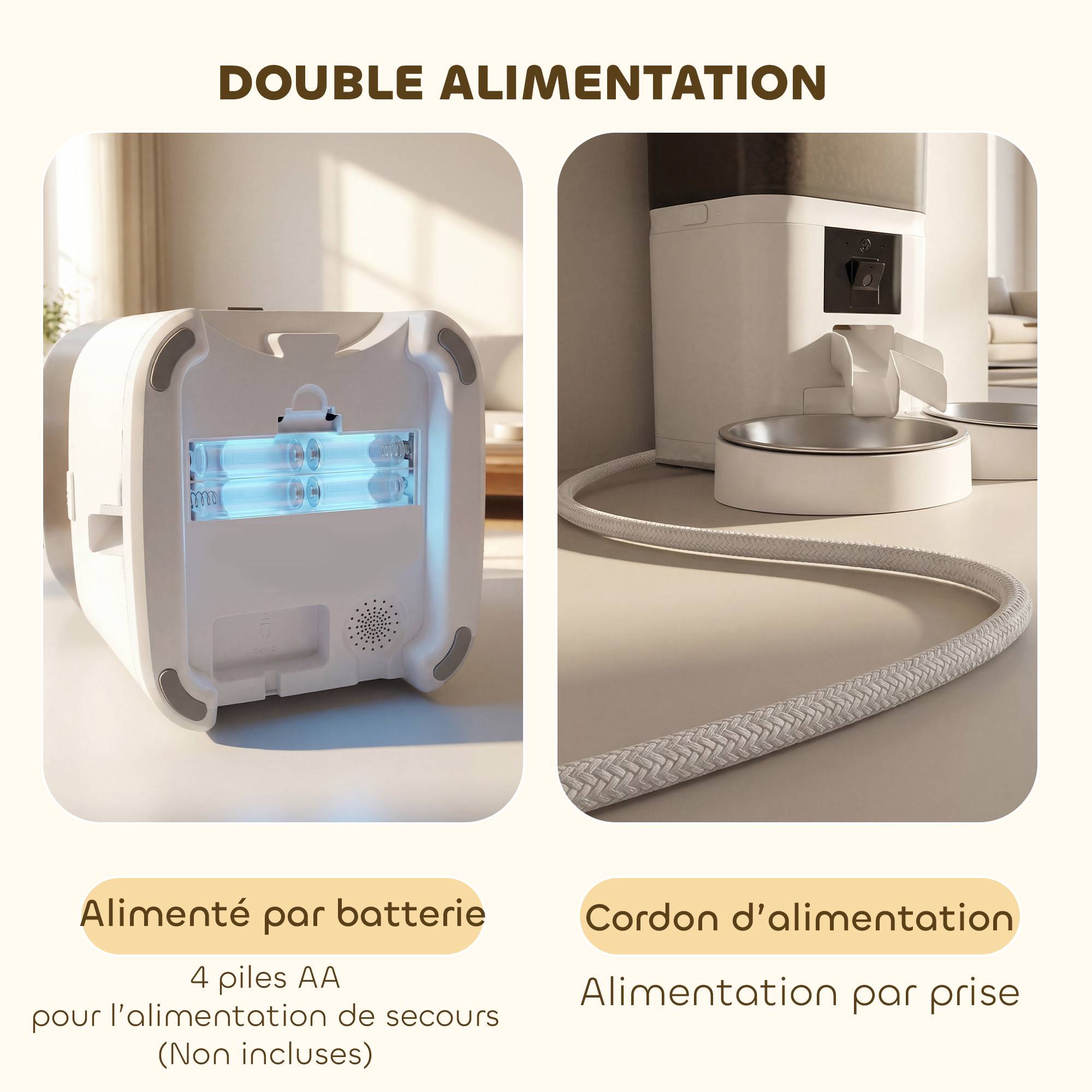 Distributeur Croquettes Chat Automatique 2 Animaux 6L Double Bol Inox WiFi Tuya App ABS 37x36x35cm Blanc - Image 10