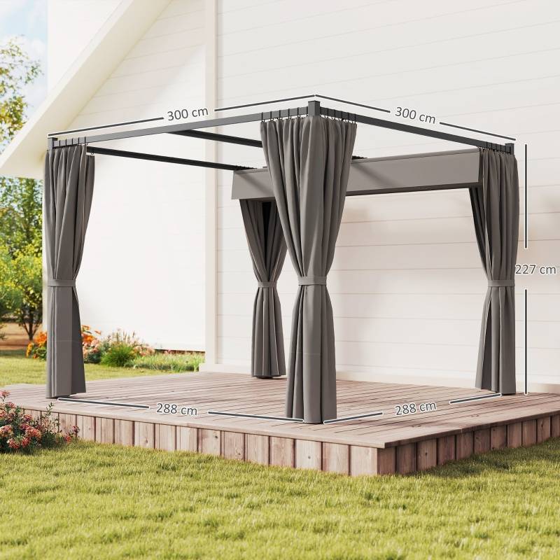 Pergola autoportante métal pour terrasse toit rétractable 4 rideaux 3x3m Gris clair - ComfortXL Outdoor Living - Image 3