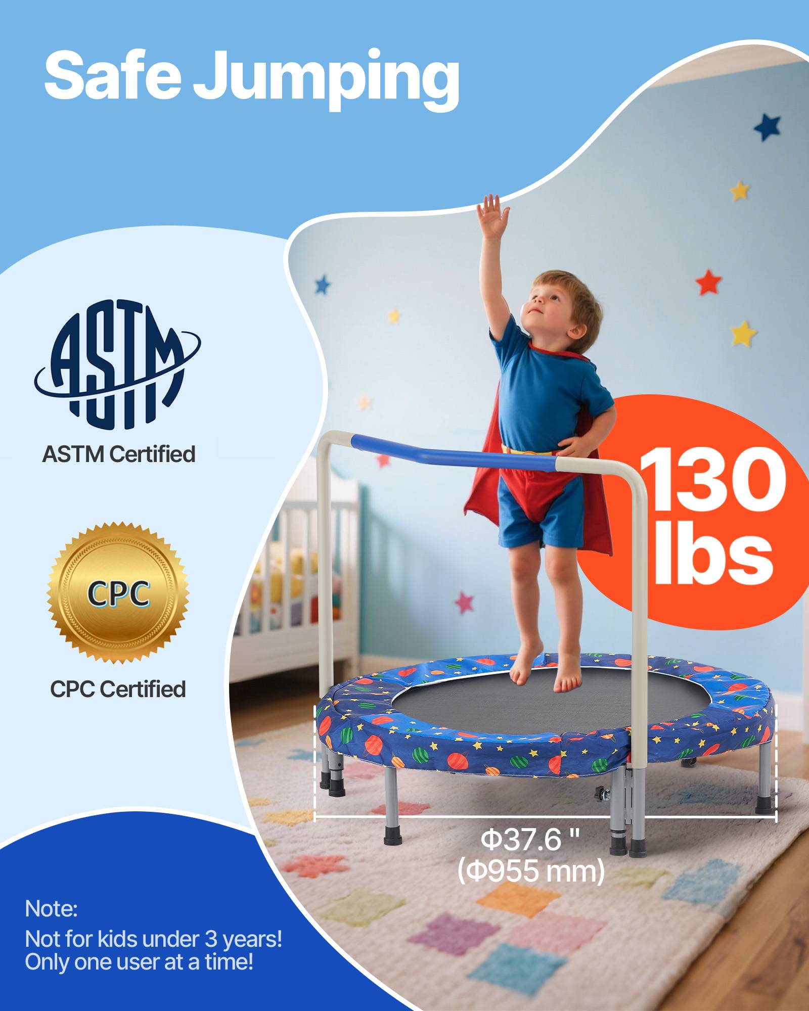 Vevor - VEVOR Trampoline pliable pour enfants 955x750 mm, mini trampoline intérieur/extérieur, poignée, bleu, 3 ans et + - Image 2