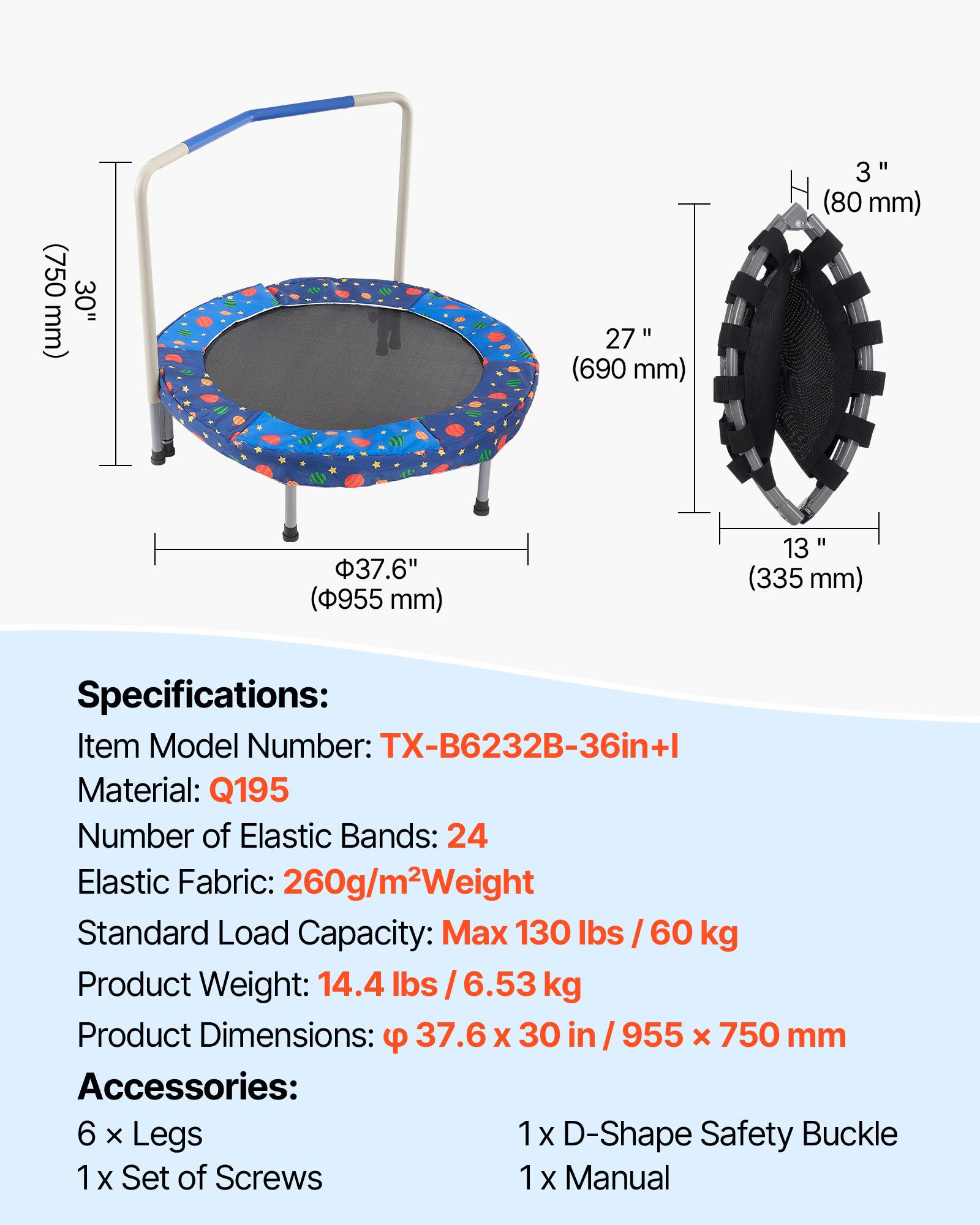 Vevor - VEVOR Trampoline pliable pour enfants 955x750 mm, mini trampoline intérieur/extérieur, poignée, bleu, 3 ans et + - Image 6