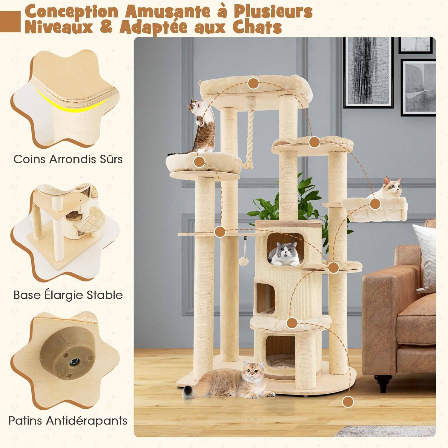 Arbre à Chat à Plusieurs Niveaux, Tour à Chat Peluchée avec 3 Étages de Condo et Hamac (Beige) - Image 5