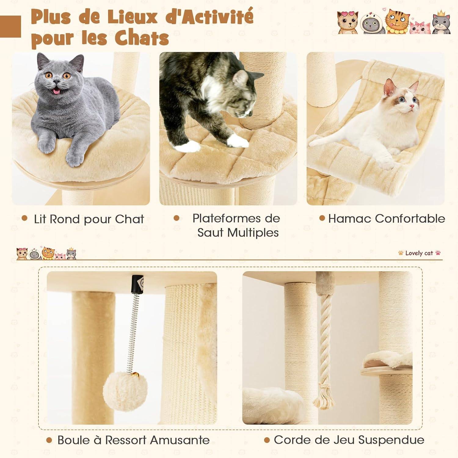 Arbre à Chat à Plusieurs Niveaux, Tour à Chat Peluchée avec 3 Étages de Condo et Hamac (Beige) - Image 2