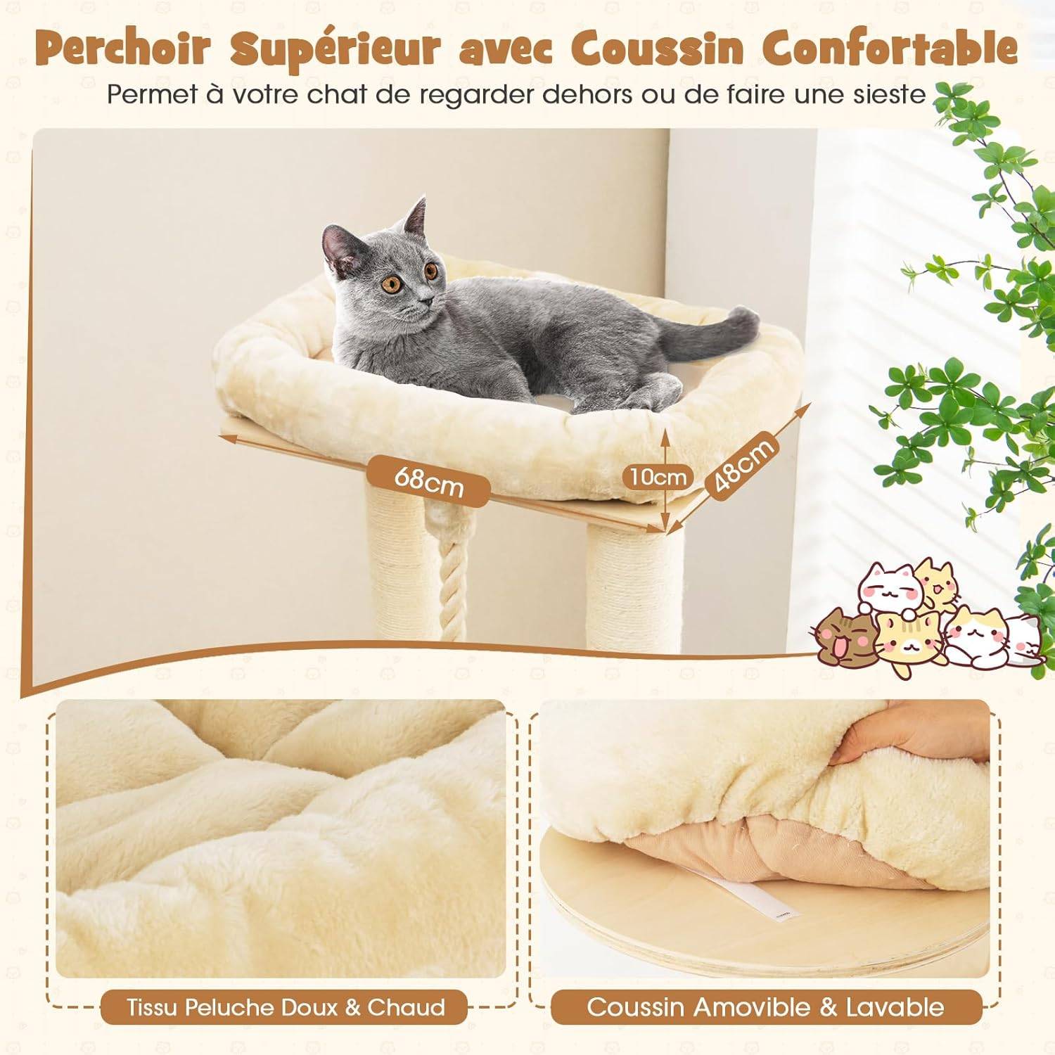 Arbre à Chat à Plusieurs Niveaux, Tour à Chat Peluchée avec 3 Étages de Condo et Hamac (Beige) - Image 4