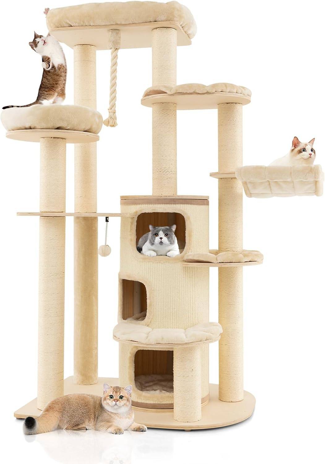Arbre à Chat à Plusieurs Niveaux, Tour à Chat Peluchée avec 3 Étages de Condo et Hamac (Beige) - Image 1