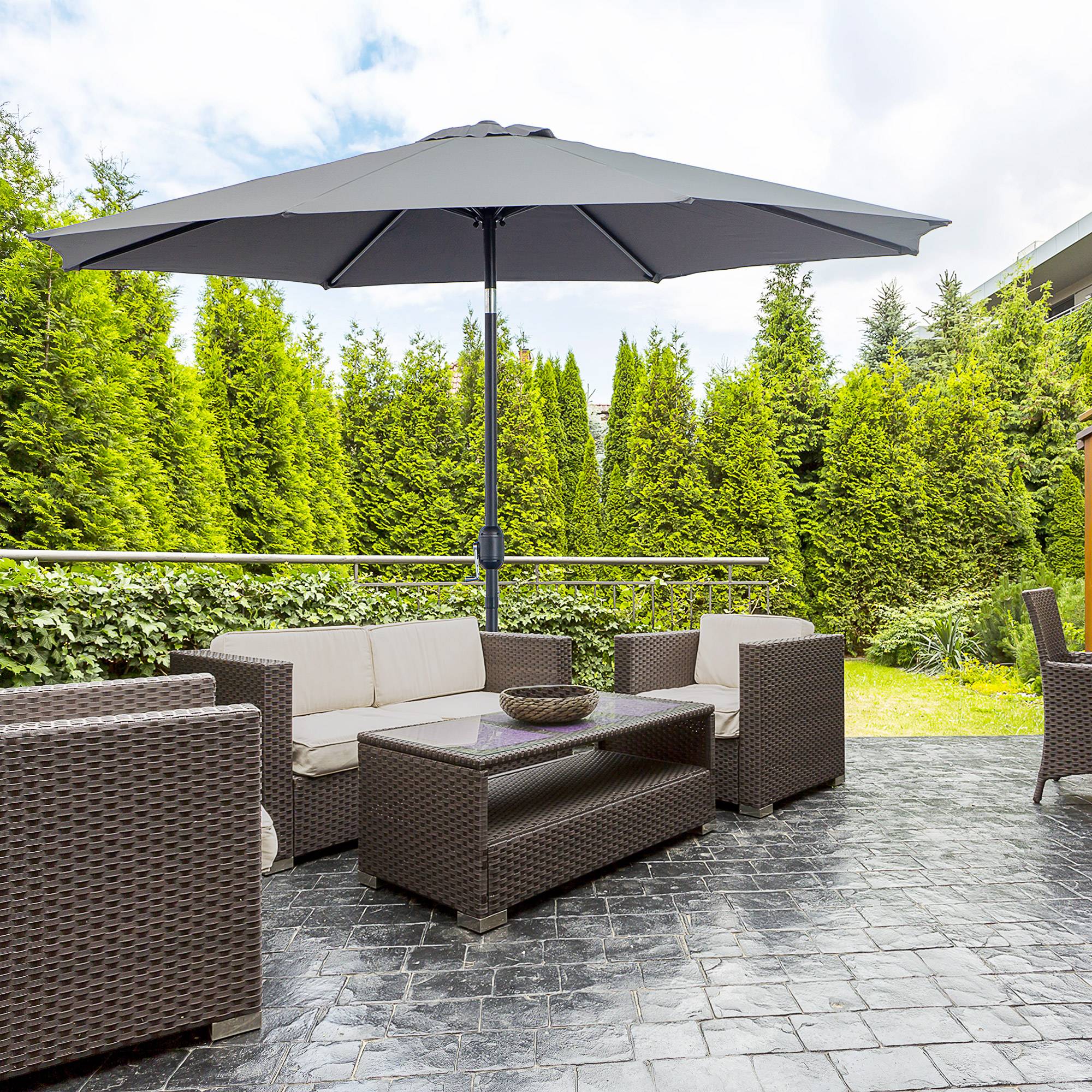 Parasol jardin Ø295x250 cm, manivelle, inclinable, mât métallique amovible, terrasse piscine patio, gris foncé - Image 4