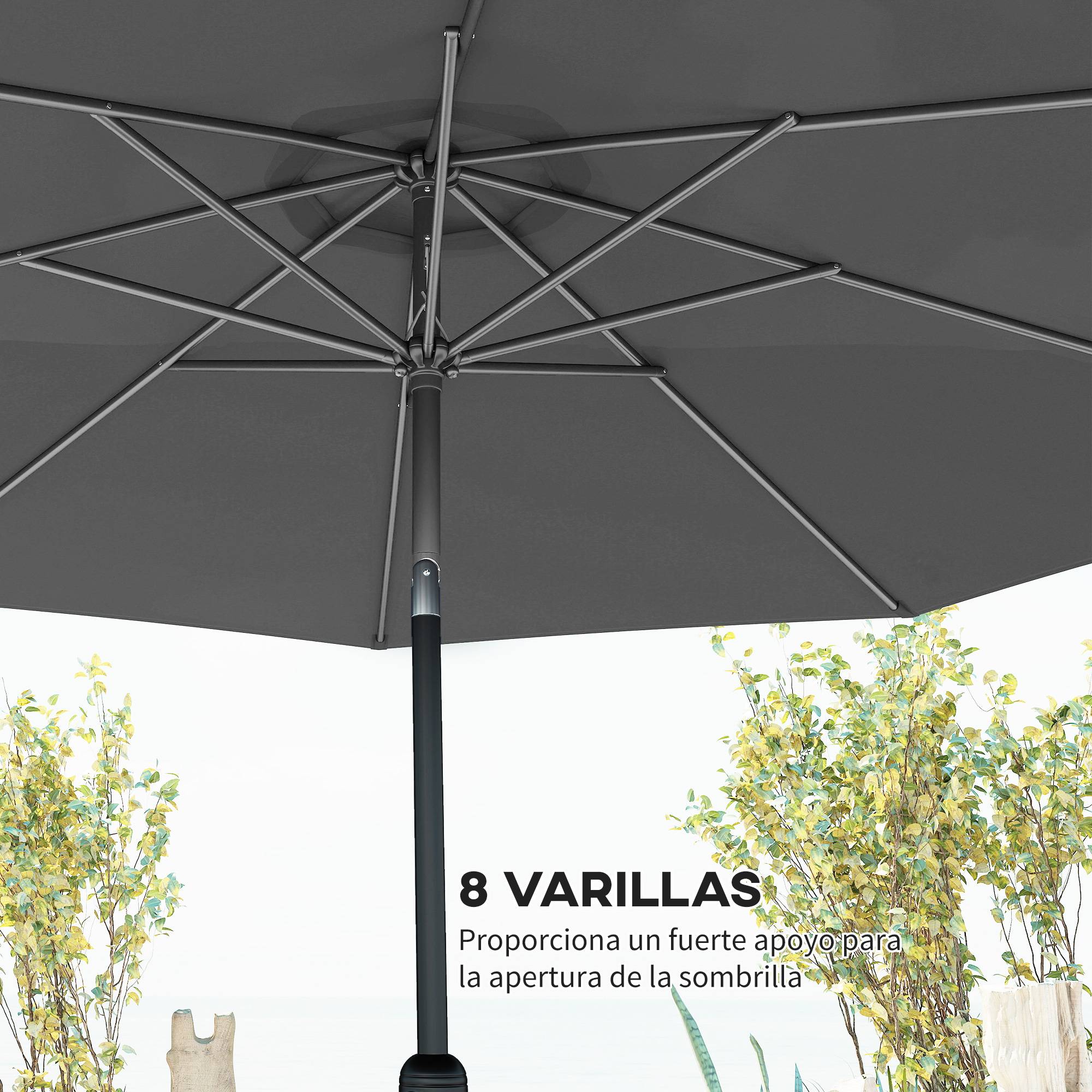 Parasol jardin Ø295x250 cm, manivelle, inclinable, mât métallique amovible, terrasse piscine patio, gris foncé - Image 9