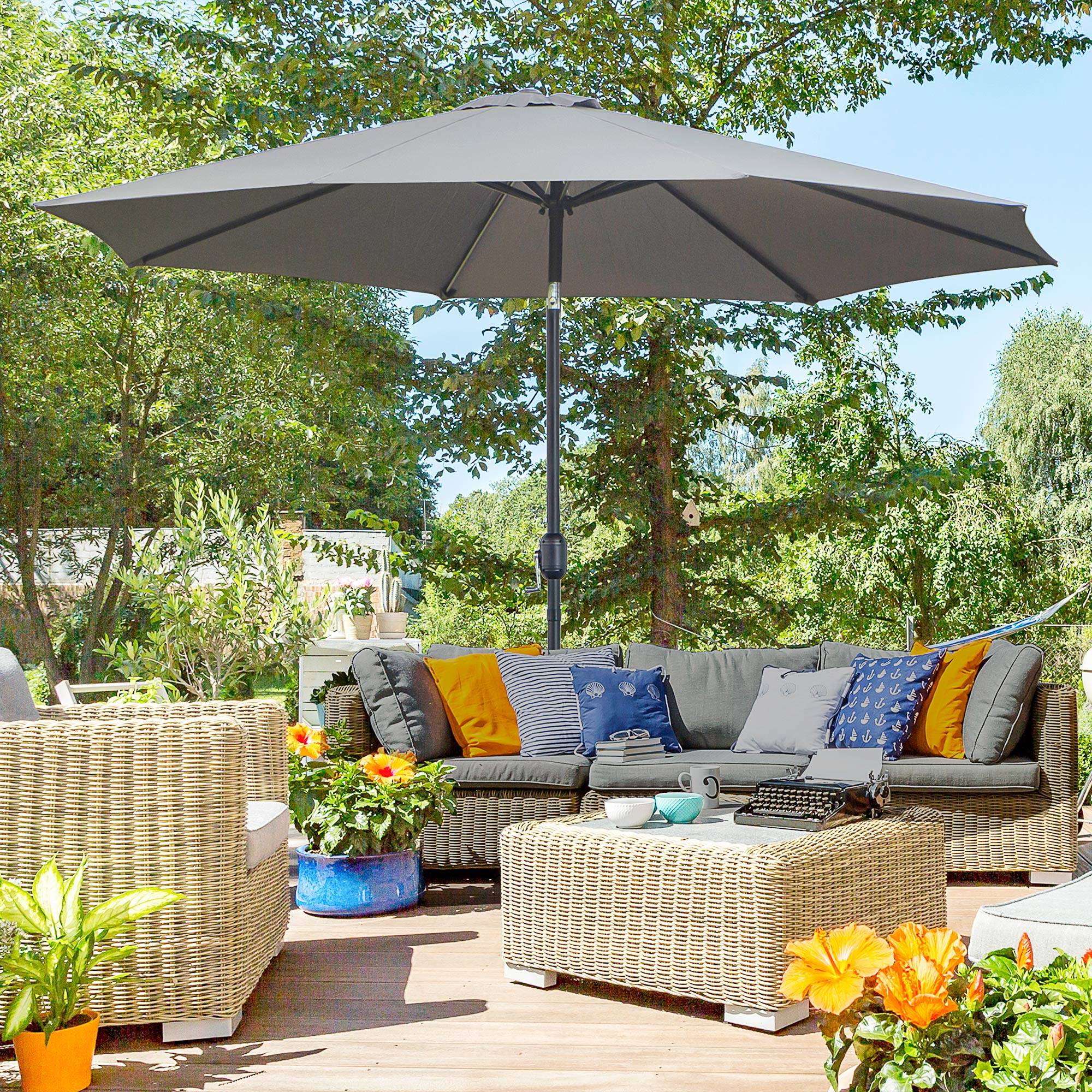 Parasol jardin Ø295x250 cm, manivelle, inclinable, mât métallique amovible, terrasse piscine patio, gris foncé - Image 3