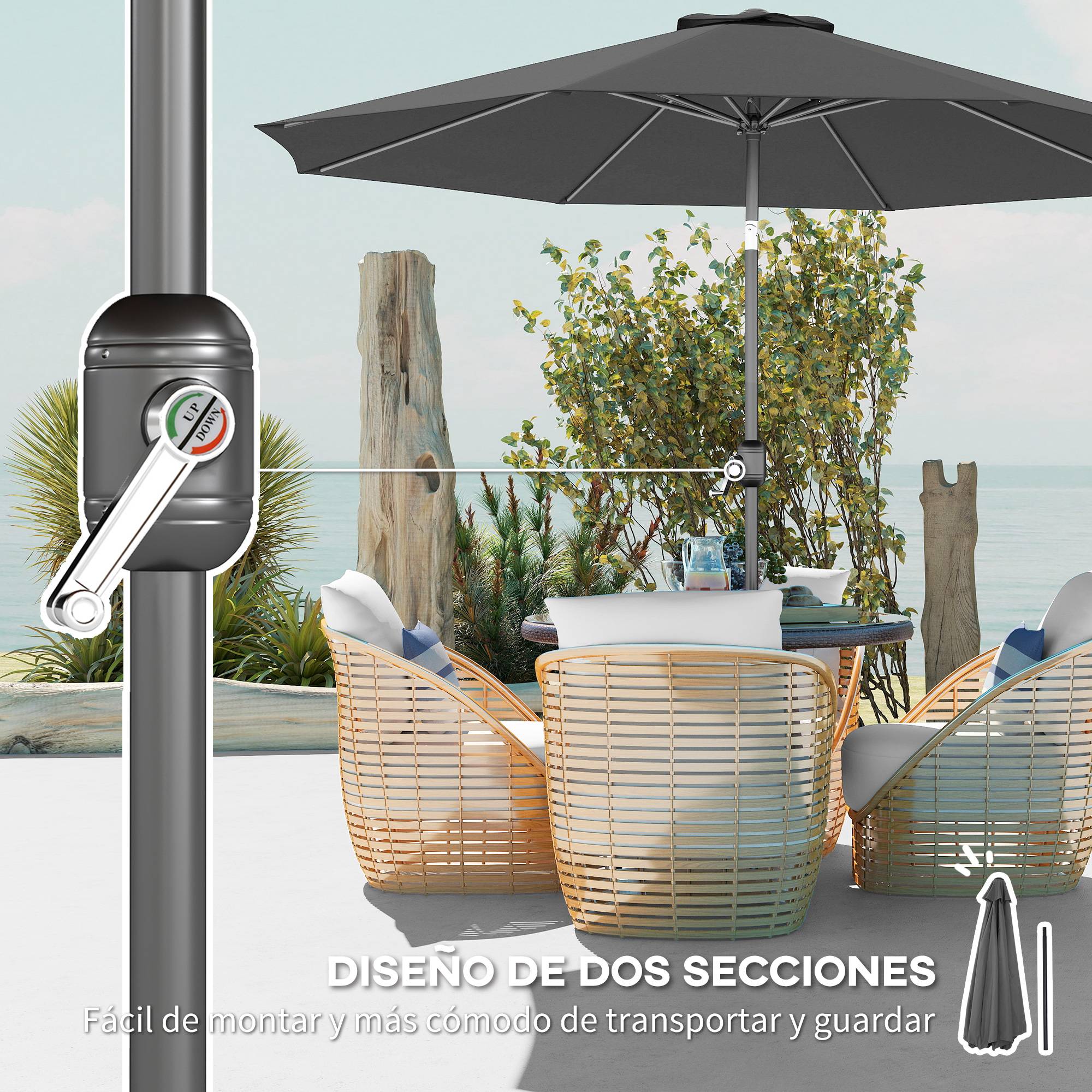 Parasol jardin Ø295x250 cm, manivelle, inclinable, mât métallique amovible, terrasse piscine patio, gris foncé - Image 8