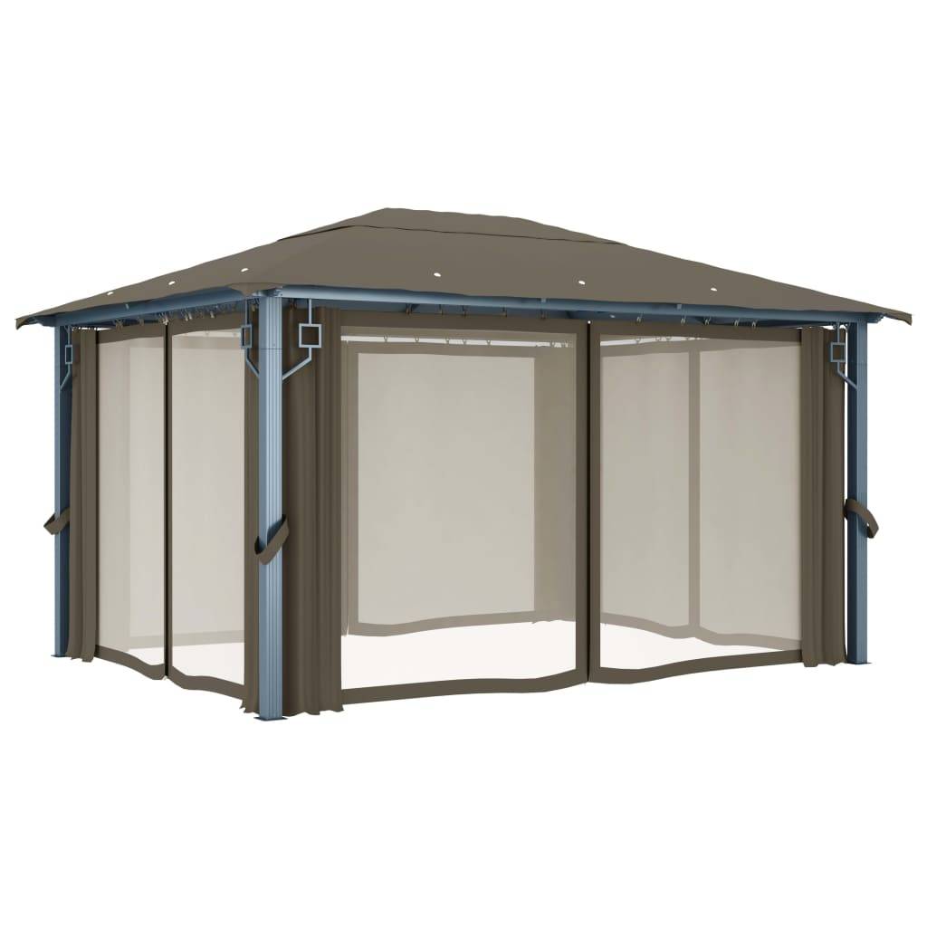Pavillon de Fête Aluminium avec Rideaux Moustiquaires et Guirlande Solaire LED Taupe 4x3 m – ComfortXL Outdoor Living - Image 7