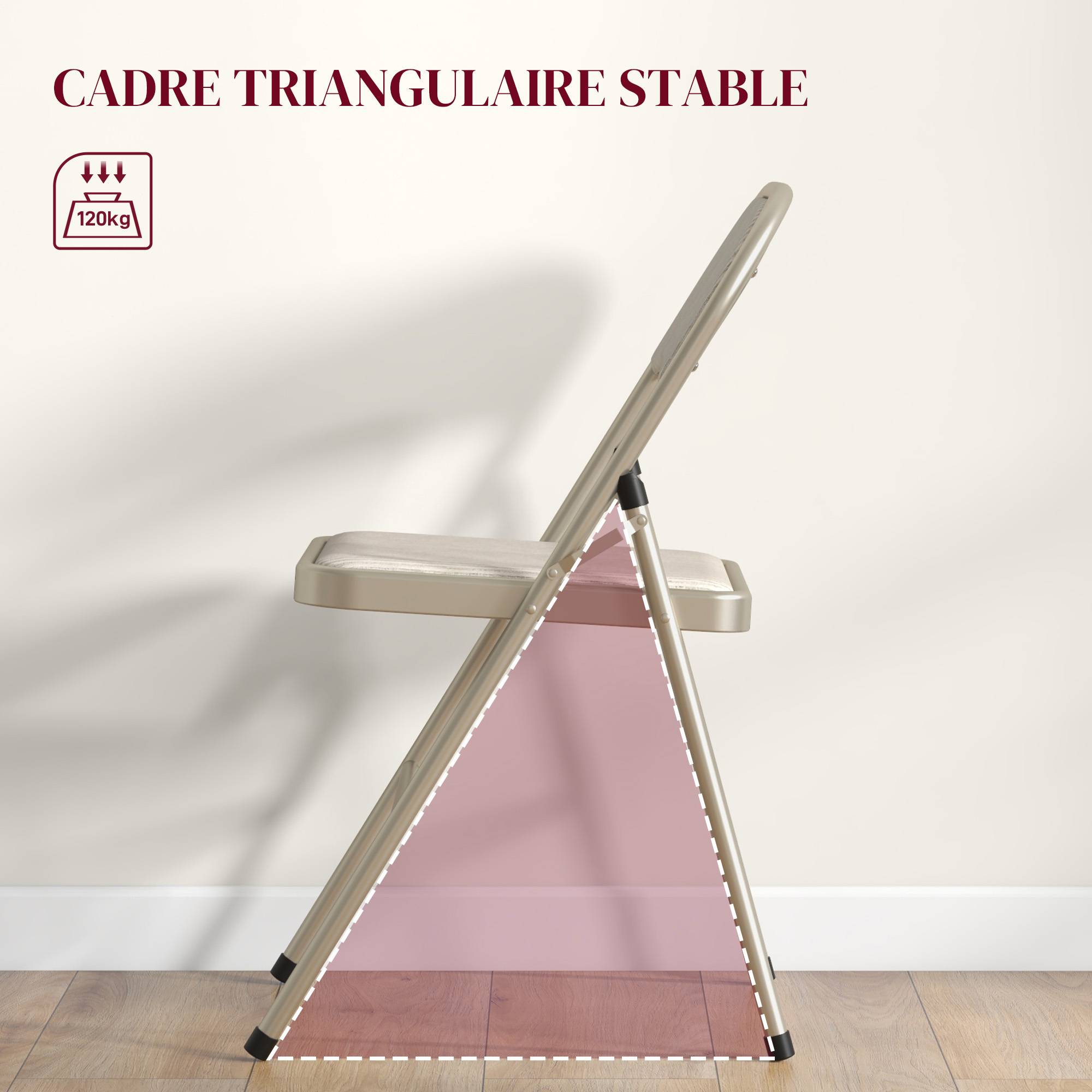 Lot de 4 chaises pliantes chaises de salle à manger portables cadre en acier dim. 45l x 46P x 78H cm beige - Image 7