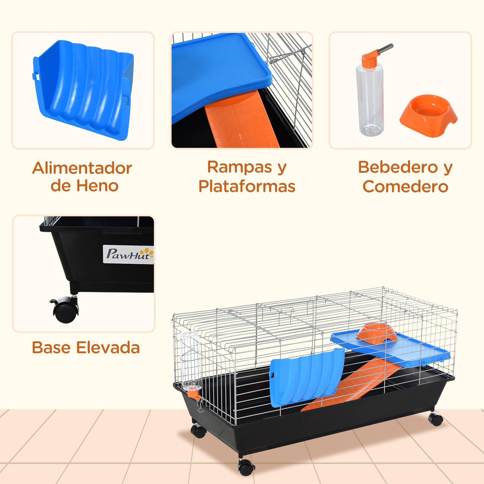 Petite cage à rongeurs avec roues, habitat pour furets et cochons d'Inde, avec mangeoire, biberon, rampe et toit ouvrant, 89 x 44 x 43 cm, noire - Image 8