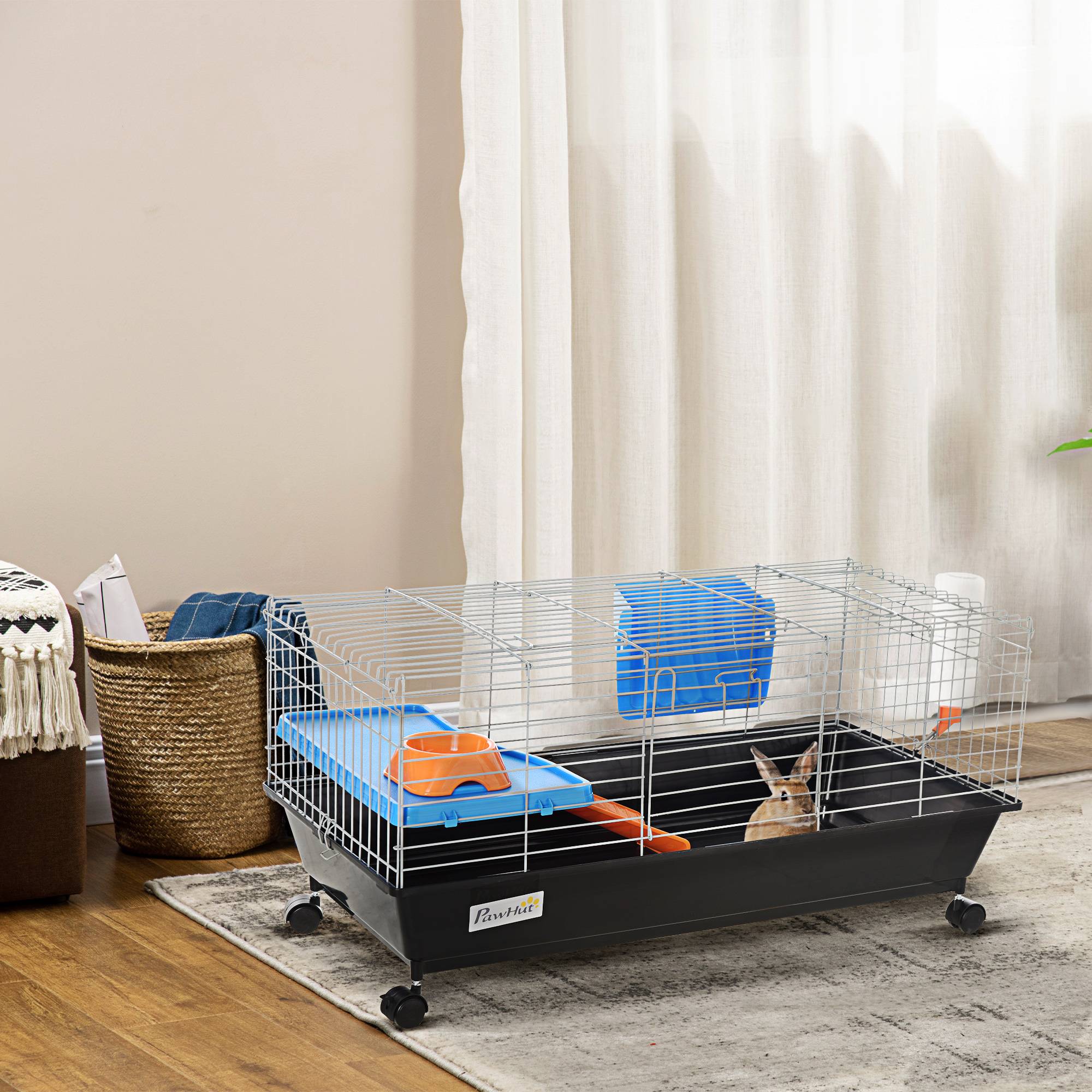 Petite cage à rongeurs avec roues, habitat pour furets et cochons d'Inde, avec mangeoire, biberon, rampe et toit ouvrant, 89 x 44 x 43 cm, noire - Image 3