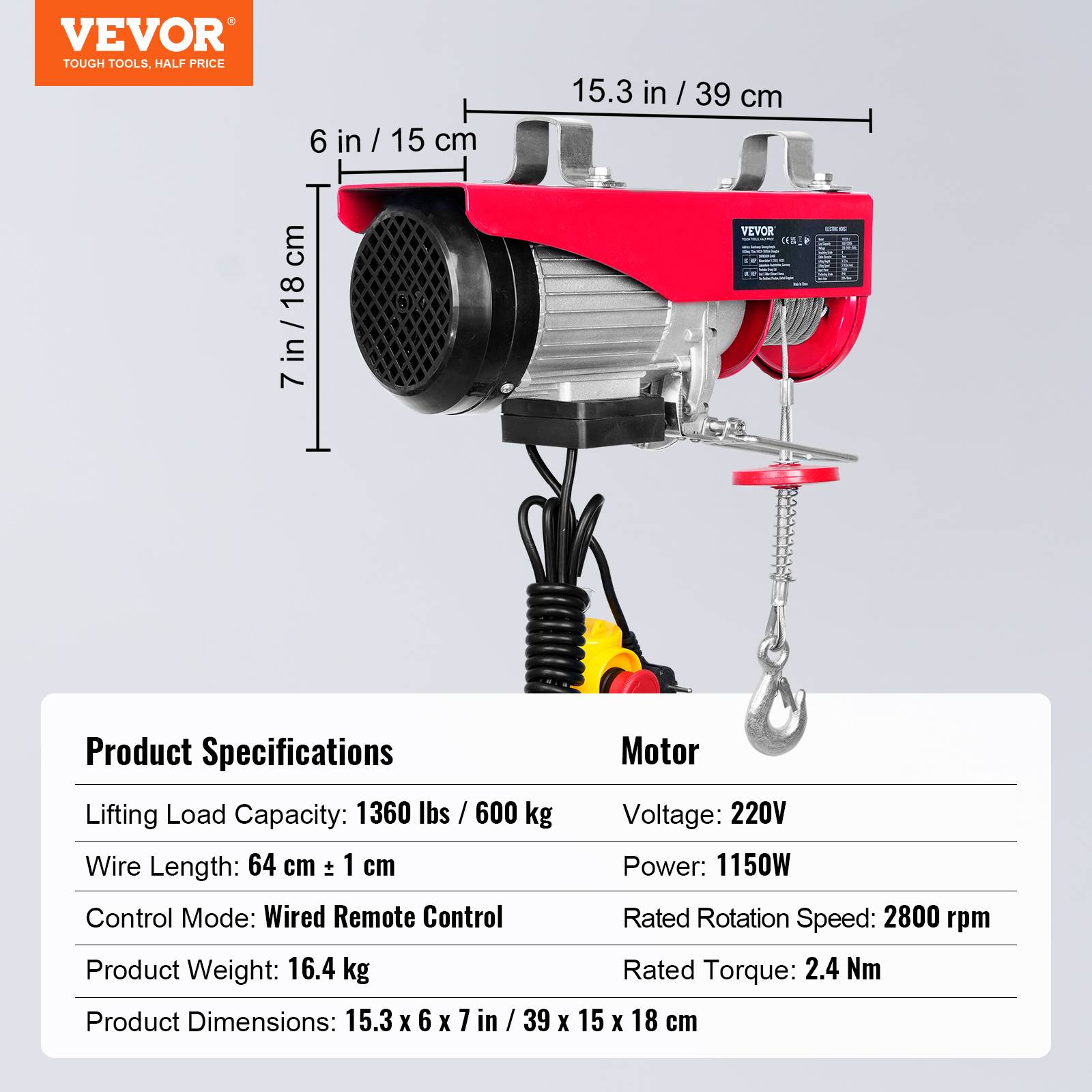 VEVOR Treuil électrique 600kg, télécommande filaire, 1150W, câble 12m, usage industriel. - Image 7