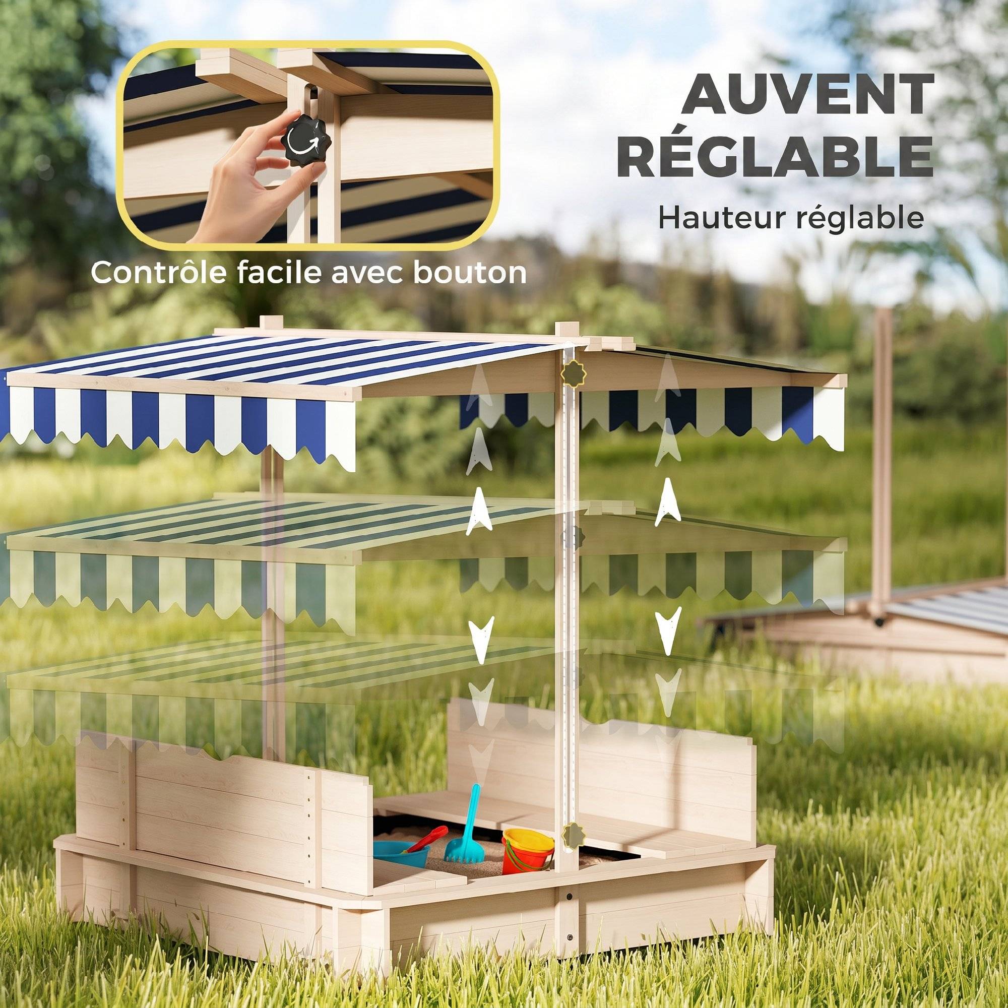 Outsunny - Bac à sable carré en bois pour enfant dim. 106L x 106l cm avec bancs et couvercle - auvent réglable - Outsunny - Imagen 4