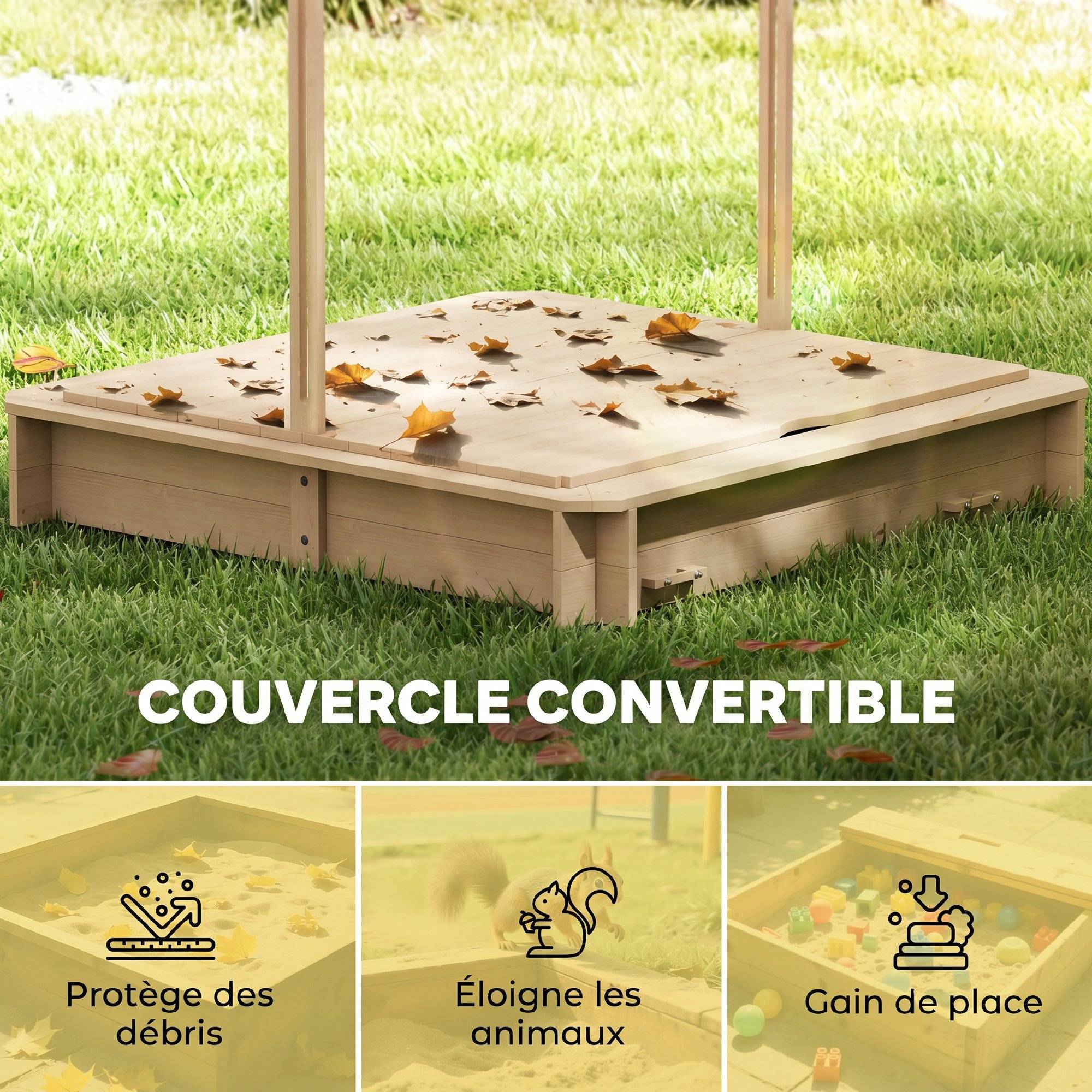 Outsunny - Bac à sable carré en bois pour enfant dim. 106L x 106l cm avec bancs et couvercle - auvent réglable - Outsunny - Imagen 6