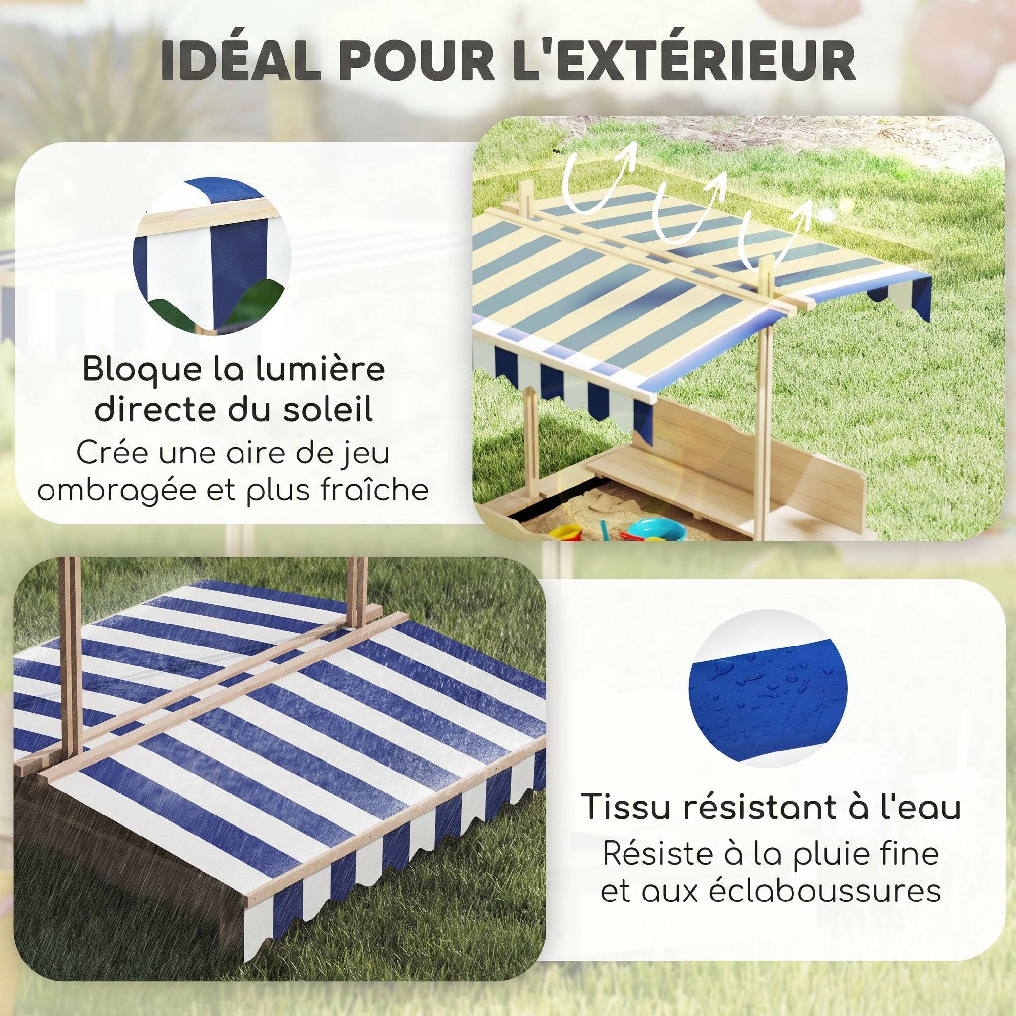 Outsunny - Bac à sable carré en bois pour enfant dim. 106L x 106l cm avec bancs et couvercle - auvent réglable - Outsunny - Imagen 5