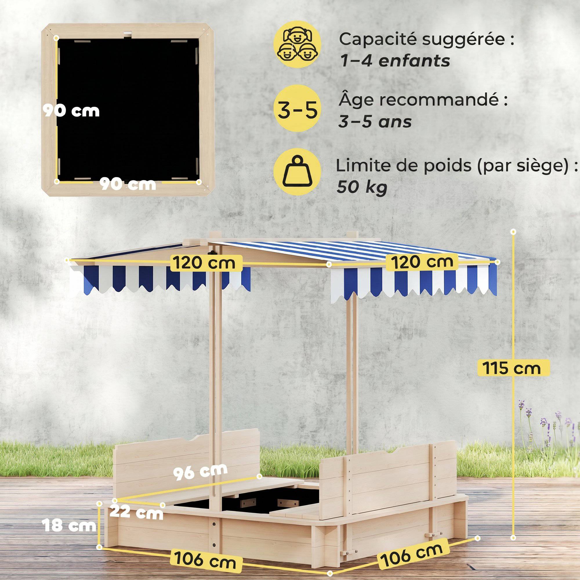 Outsunny - Bac à sable carré en bois pour enfant dim. 106L x 106l cm avec bancs et couvercle - auvent réglable - Outsunny - Imagen 3