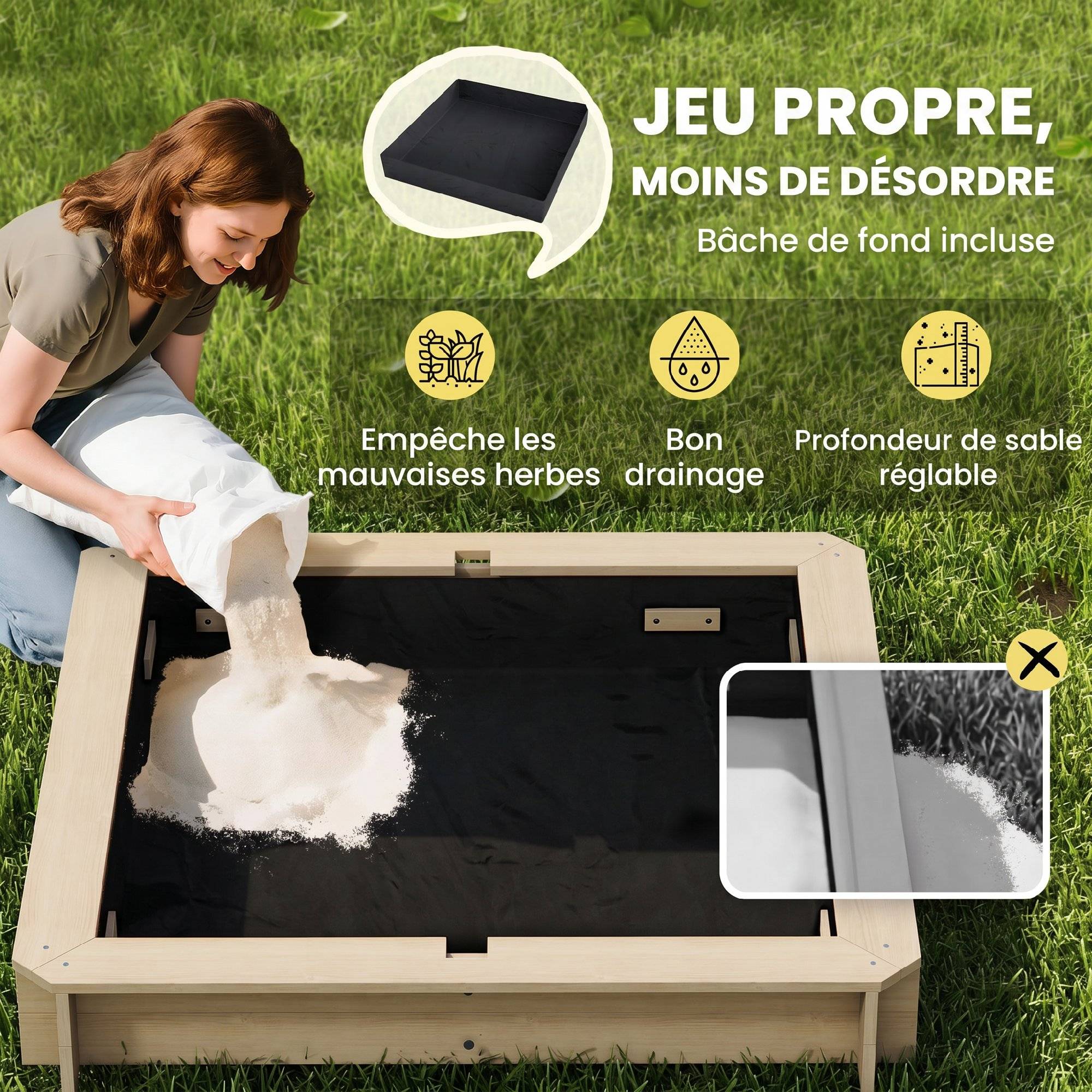 Outsunny - Bac à sable carré en bois pour enfant dim. 106L x 106l cm avec bancs et couvercle - auvent réglable - Outsunny - Imagen 7